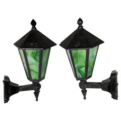 Original Antique Arts & Crafts "Green Glass" Pair Wall Sconces Lanterns
