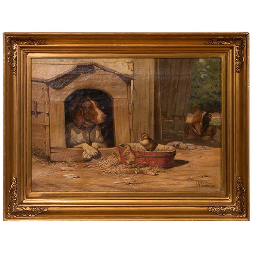 Original Antique Barnyard Oil Painting with Guard Dog by Herman Funch