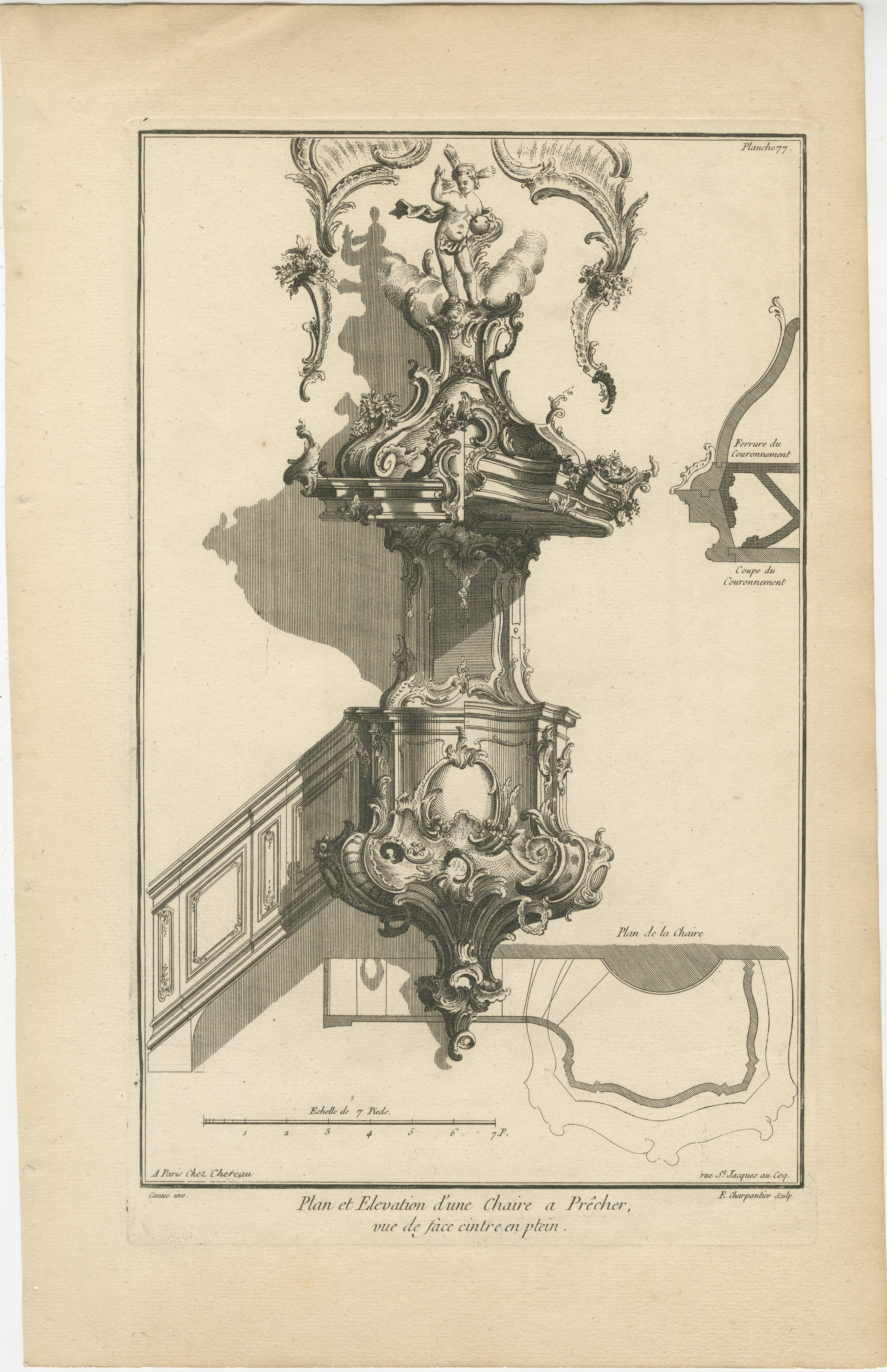 This is an original antique architectural design for a pulpit in baroque style dating approximately between 1740 and 1760. 

The artist responsible for this design is Franz Xaver Habermann, and it was published by Johann Georg Hertel I in Augsburg.