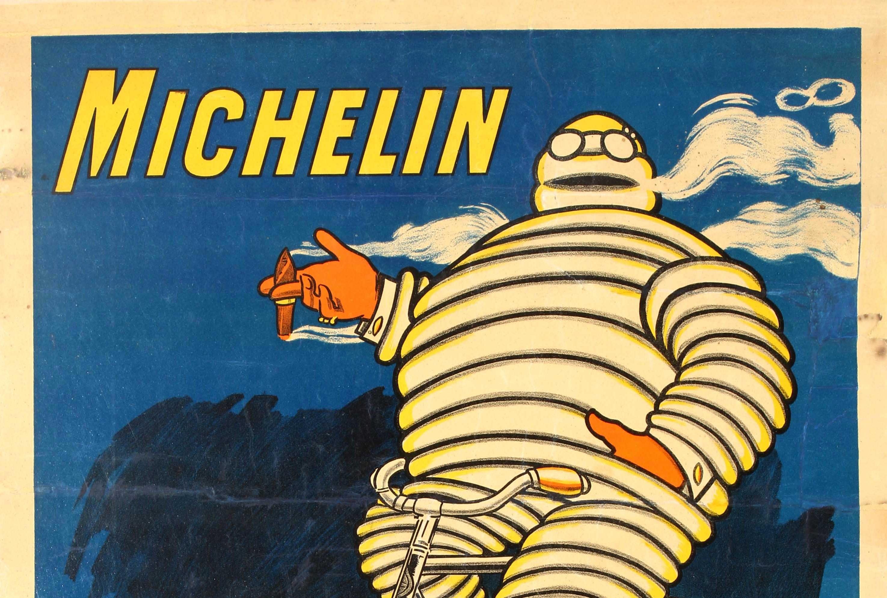 Original antique advertising poster for Michelin Pneu Velo bicycle tyres featuring a Classic illustration by the French cartoonist Marius Rossillon (known as O’Galop; 1867-1946) showing the trademark Bibendum character (the iconic Michelin Man