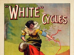Original Antique Bicycle Poster White Cycles White Sewing Machine Cyclist & Dog