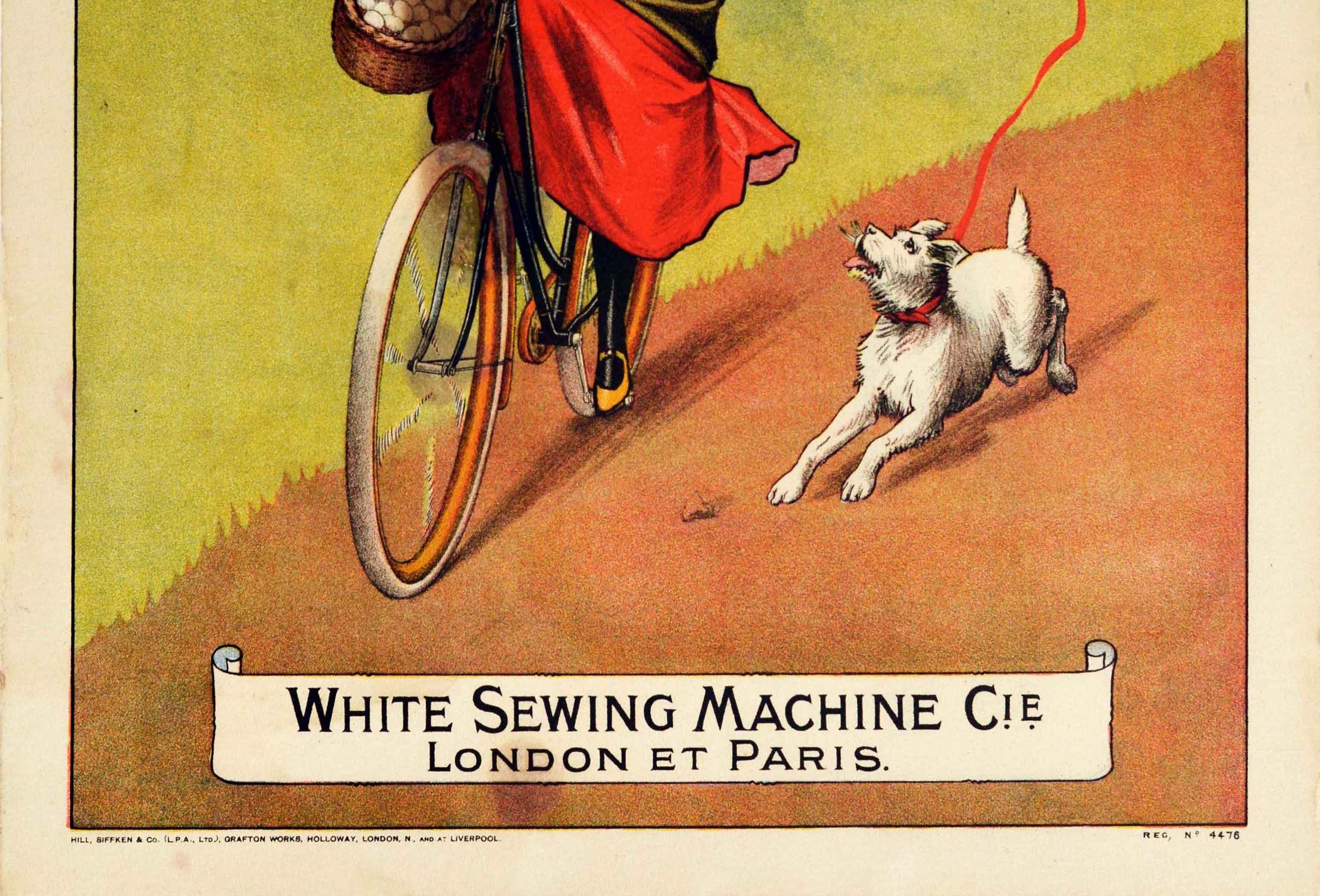 Britannique Affiche vintage d'origine pour une bicyclette, Blanc Cycles, Machine à coudre blanche, cycliste et chien en vente