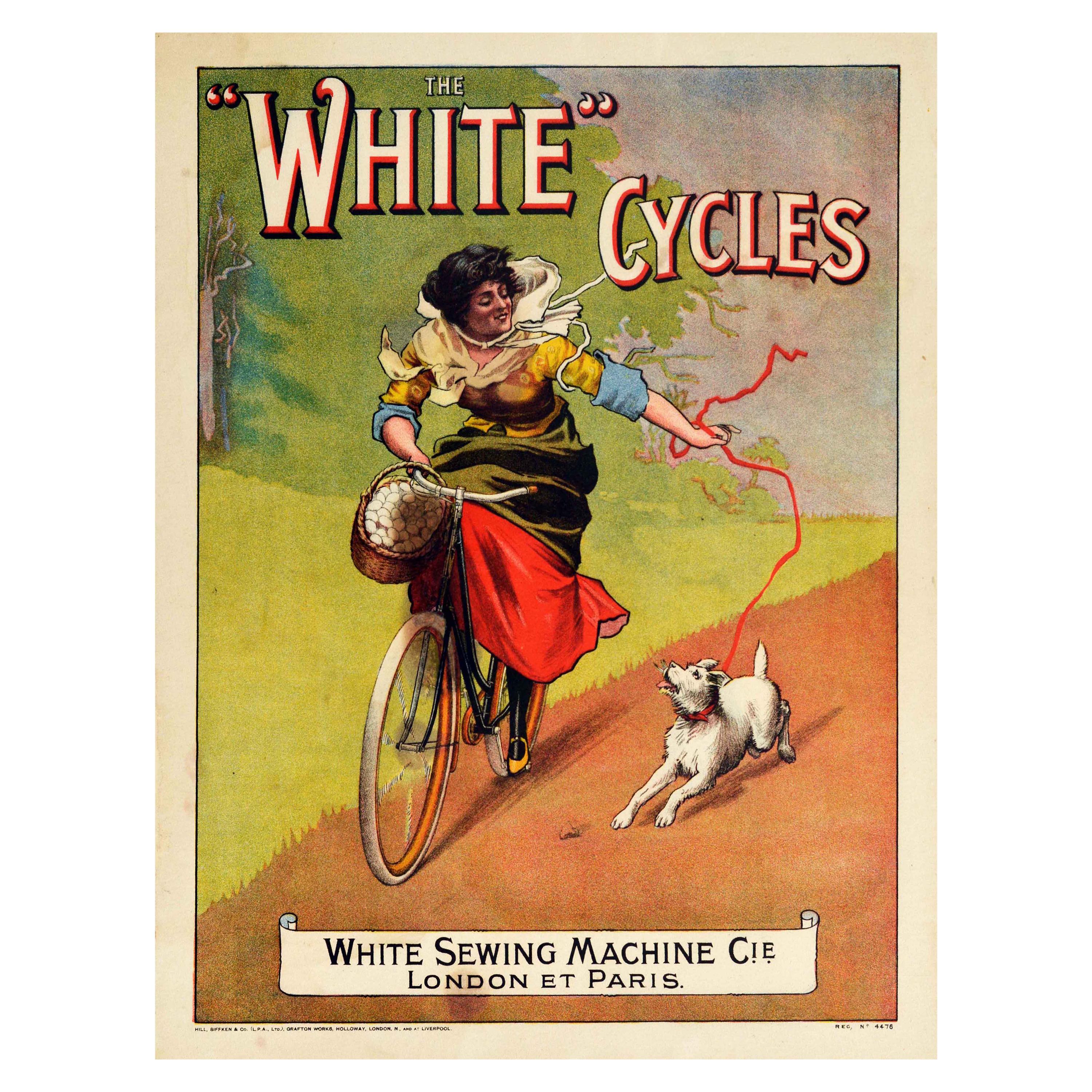 Original Antikes Original-Bicycle-Poster, weiße Fahrrade, weiße Nähmaschine, Radfahrer und Hund im Angebot