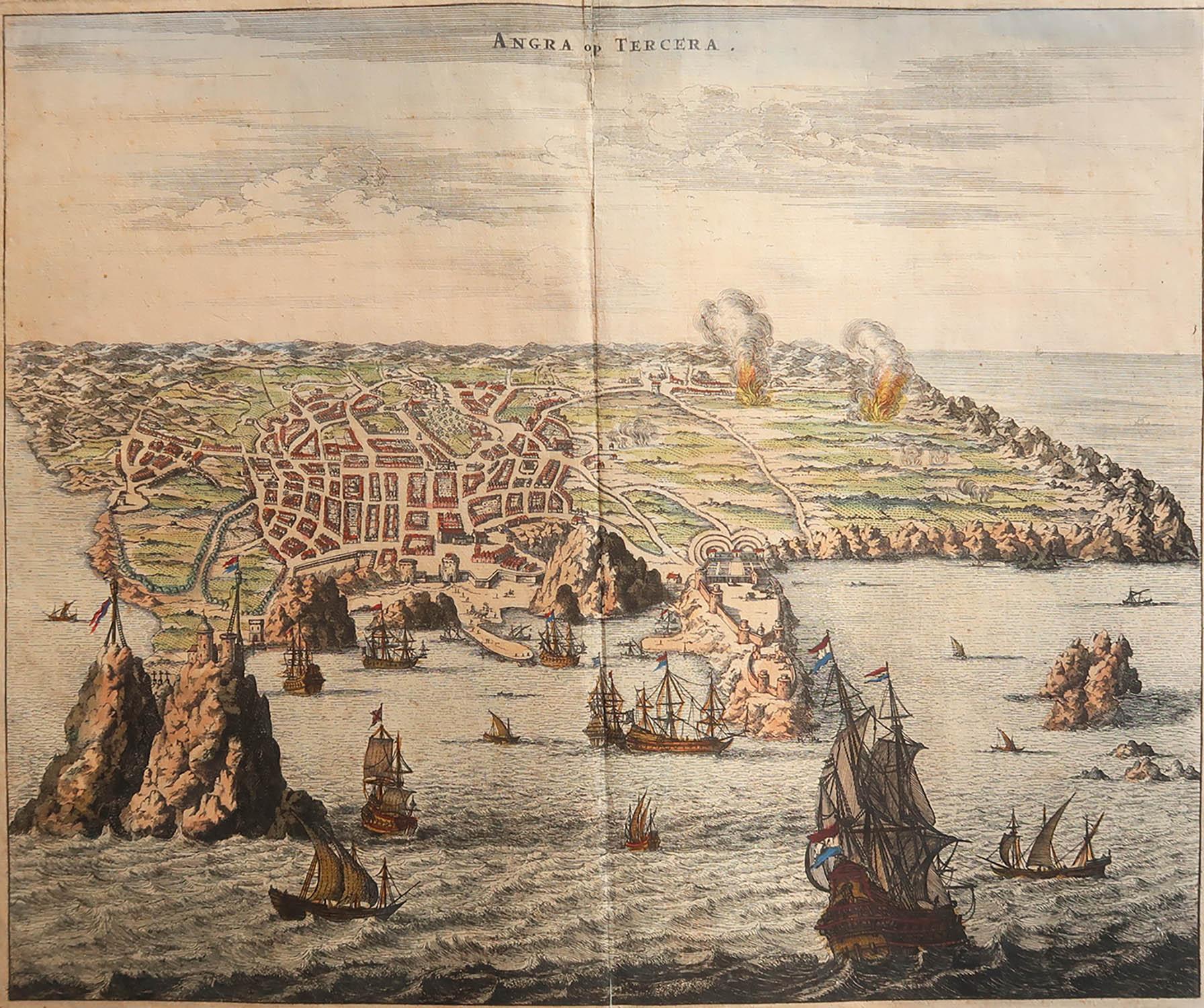 Great map or birds eye view of Angra, Azores

Copper-plate engraving. Hand colour

By John Ogilby

Published C.1670

Full margins

Some old repairs to top and bottom of the central fold. A couple of marks left by old tape in the margins. A couple of
