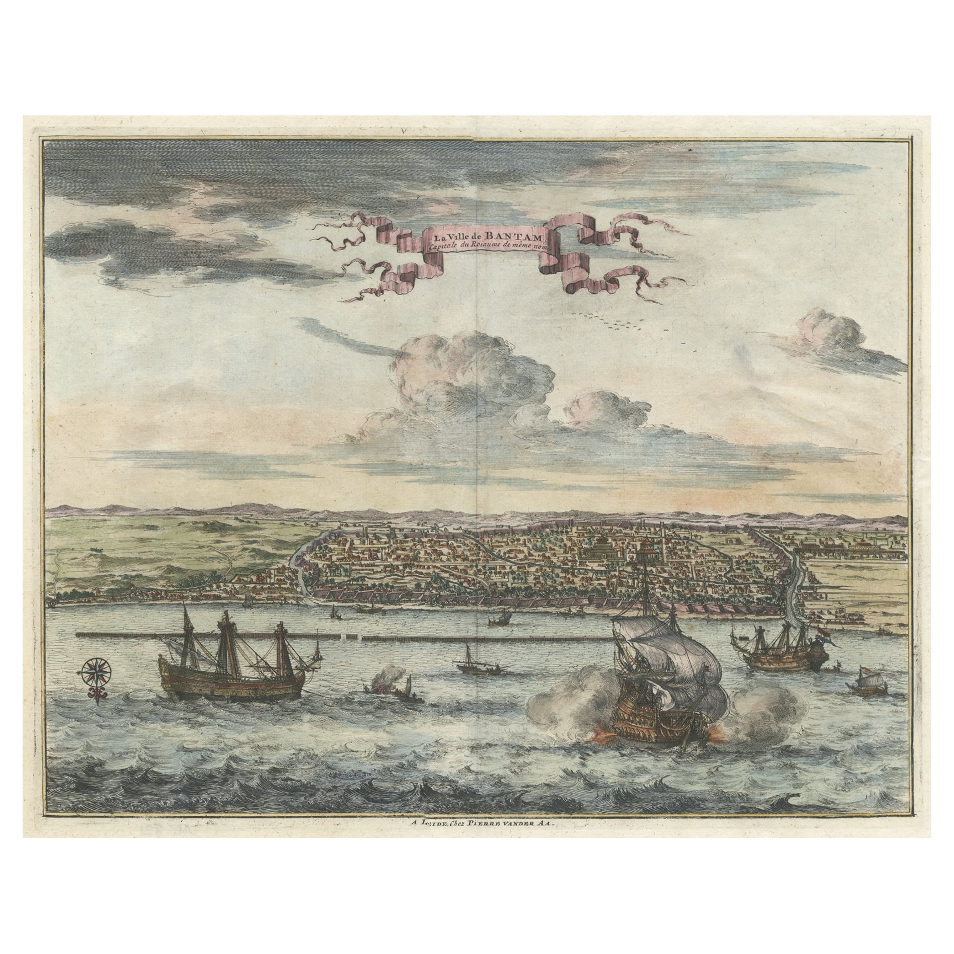 Vista a volo d'uccello originale di Banten o Bantam a Giava, Indonesia, 1725