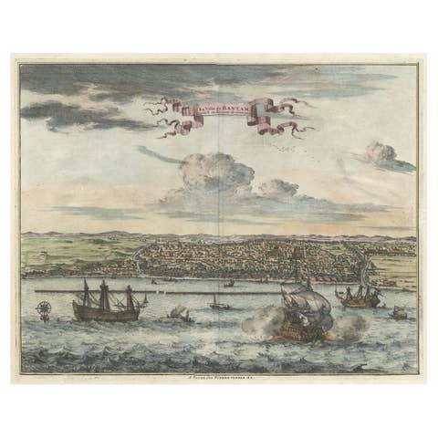 Original Antique Bird's Eye View of Banten or Bantam in Java, Indonesia, 1725