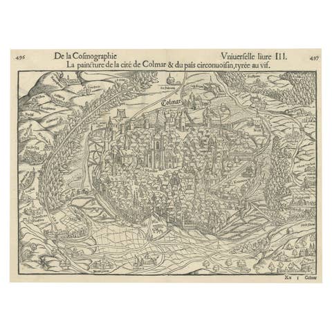 Original Antique Bird's-Eye View of Colmar, Alsace, France, 1552