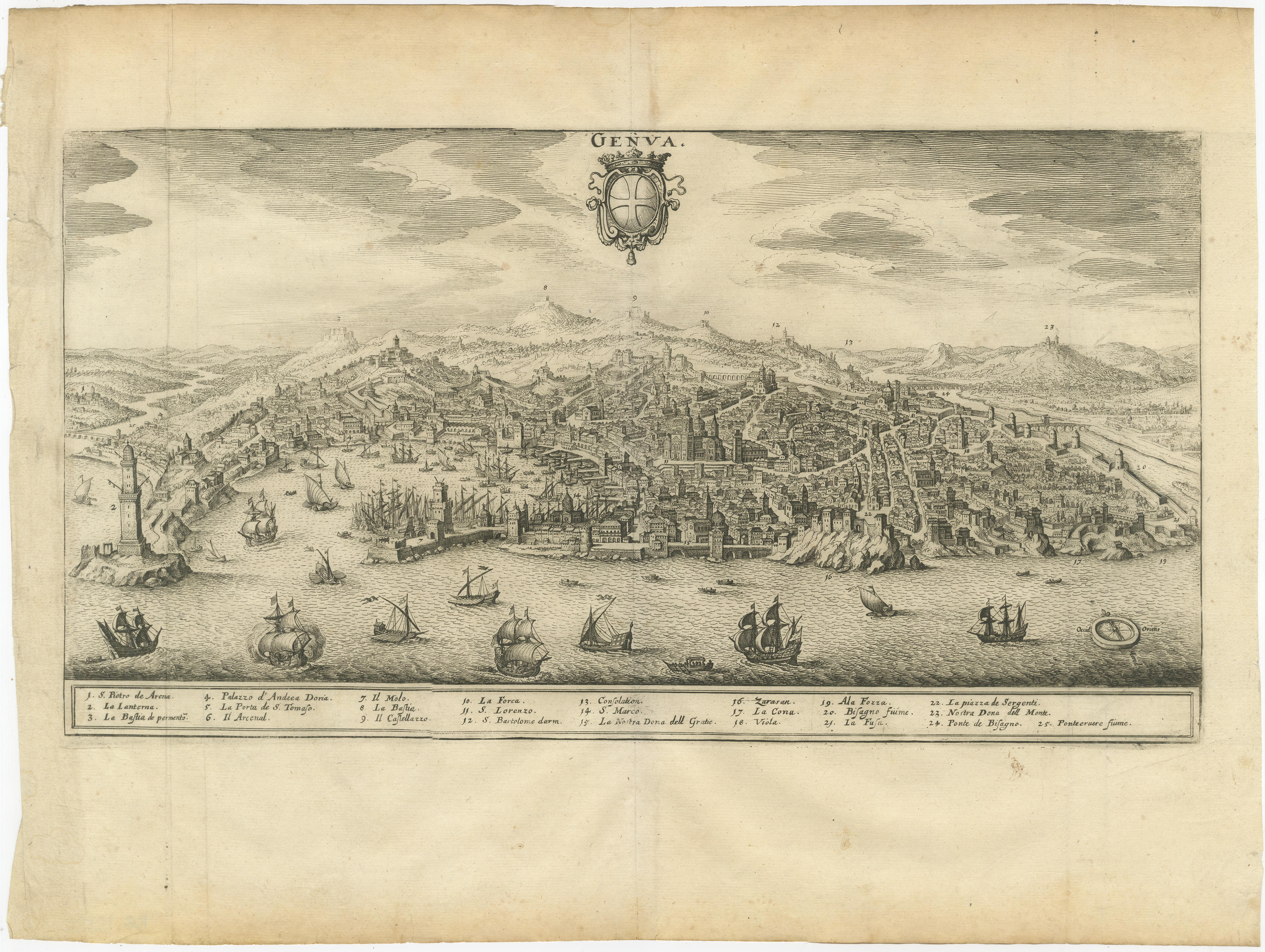 Antiker Druck mit dem Titel 'Genua'. Blick aus der Vogelperspektive auf die Stadt Genua, Italien. Herausgegeben von Matthäus Merian dem Älteren, um 1650. 

Matthäus Merian sr. (der Ältere; 1593-1630) wurde in der Schweiz geboren, ließ sich aber