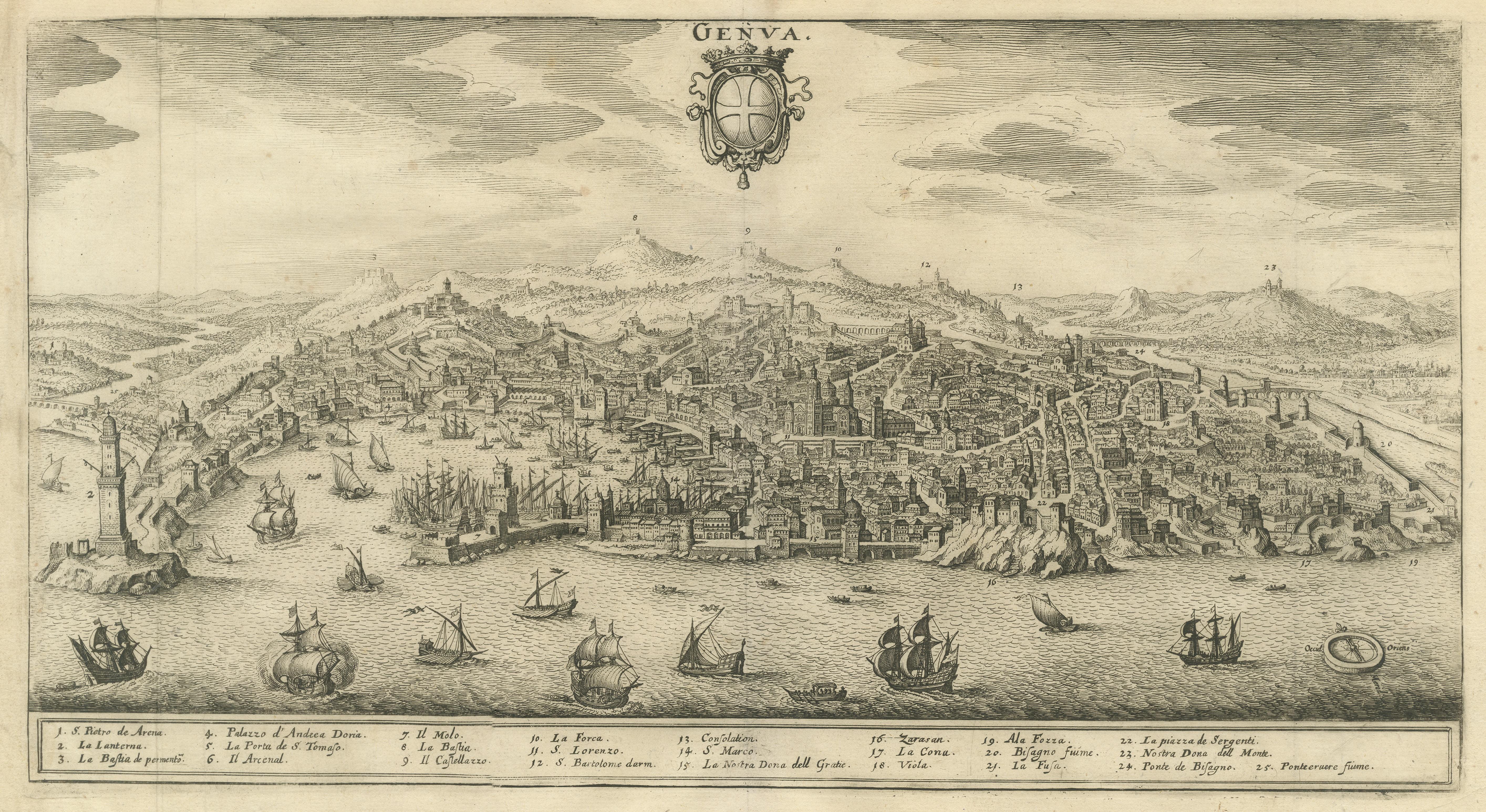 Original antike Vogelaugenausblick auf die Stadt Genua im Zustand „Relativ gut“ im Angebot in Langweer, NL