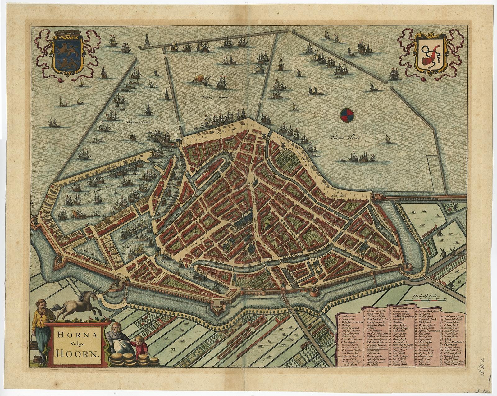 Antique map titled 'Horna vulgo Hoorn'. 

Bird's eye view plan of Hoorn, The Netherlands. With title cartouche, coats of arms and key. From an atlas published by De Wit, ca. 1698-1710 State: 2ns state, with the scalebar in the lower right. Ref: