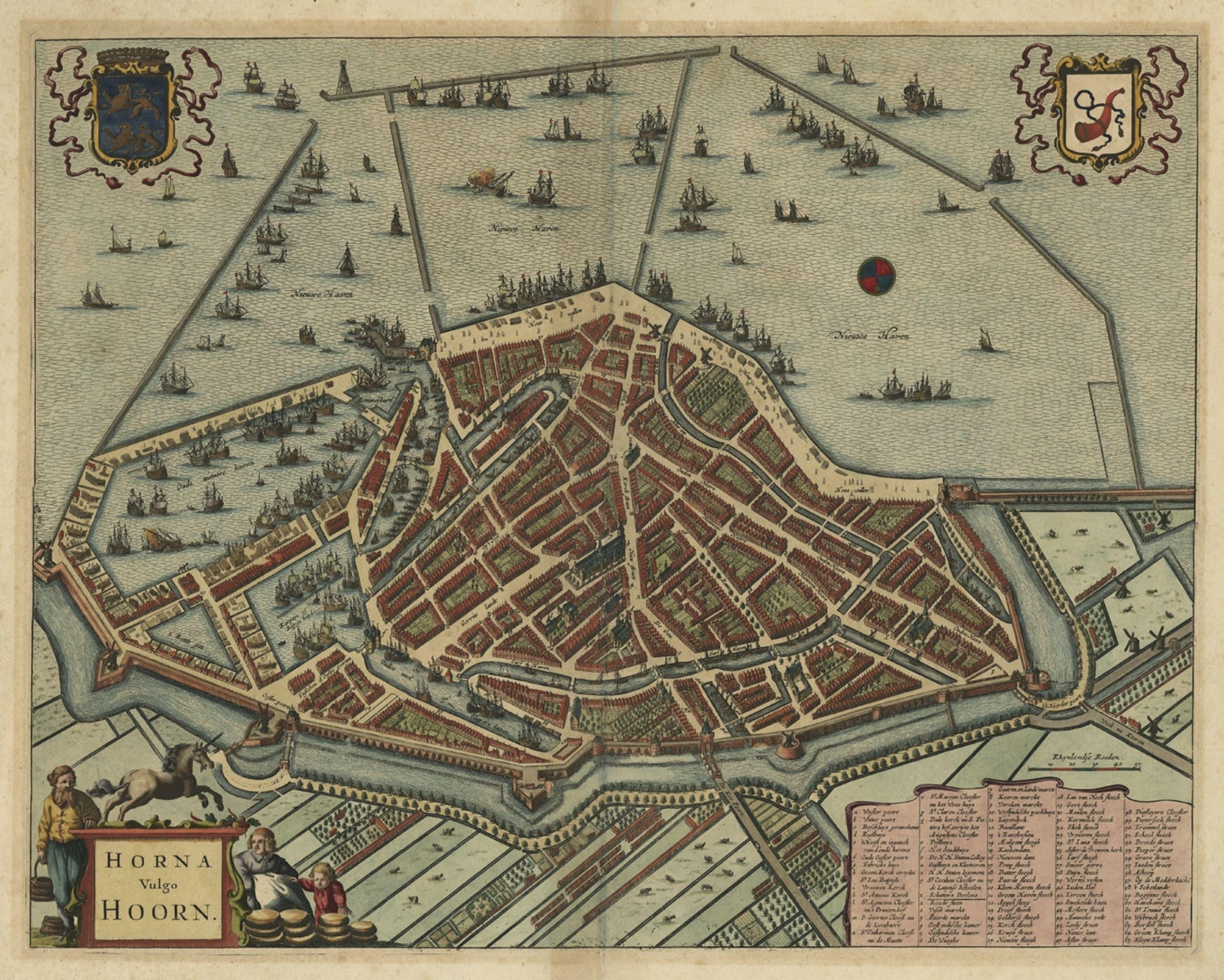 Plan original ancien d'une vue à l'œil d'oiseau de Hoorn, Pays-Bas, par Blaeu, vers 1770 Bon état - En vente à Langweer, NL