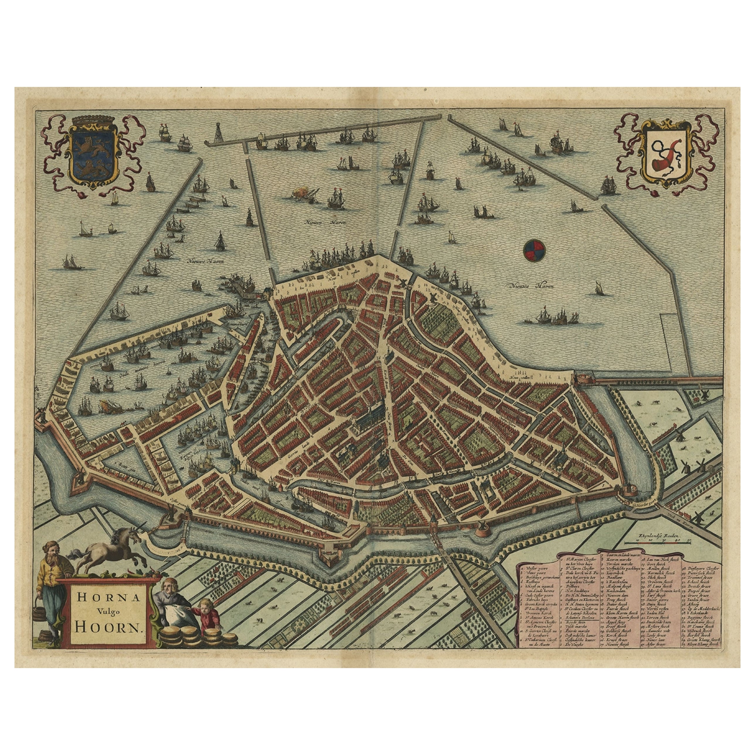 Plano original antiguo a vista de pájaro de Hoorn, Países Bajos, por Blaeu, c.1700