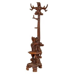 Original Antique Black Forest Carved Coat Stand with Bear and Two Cubs