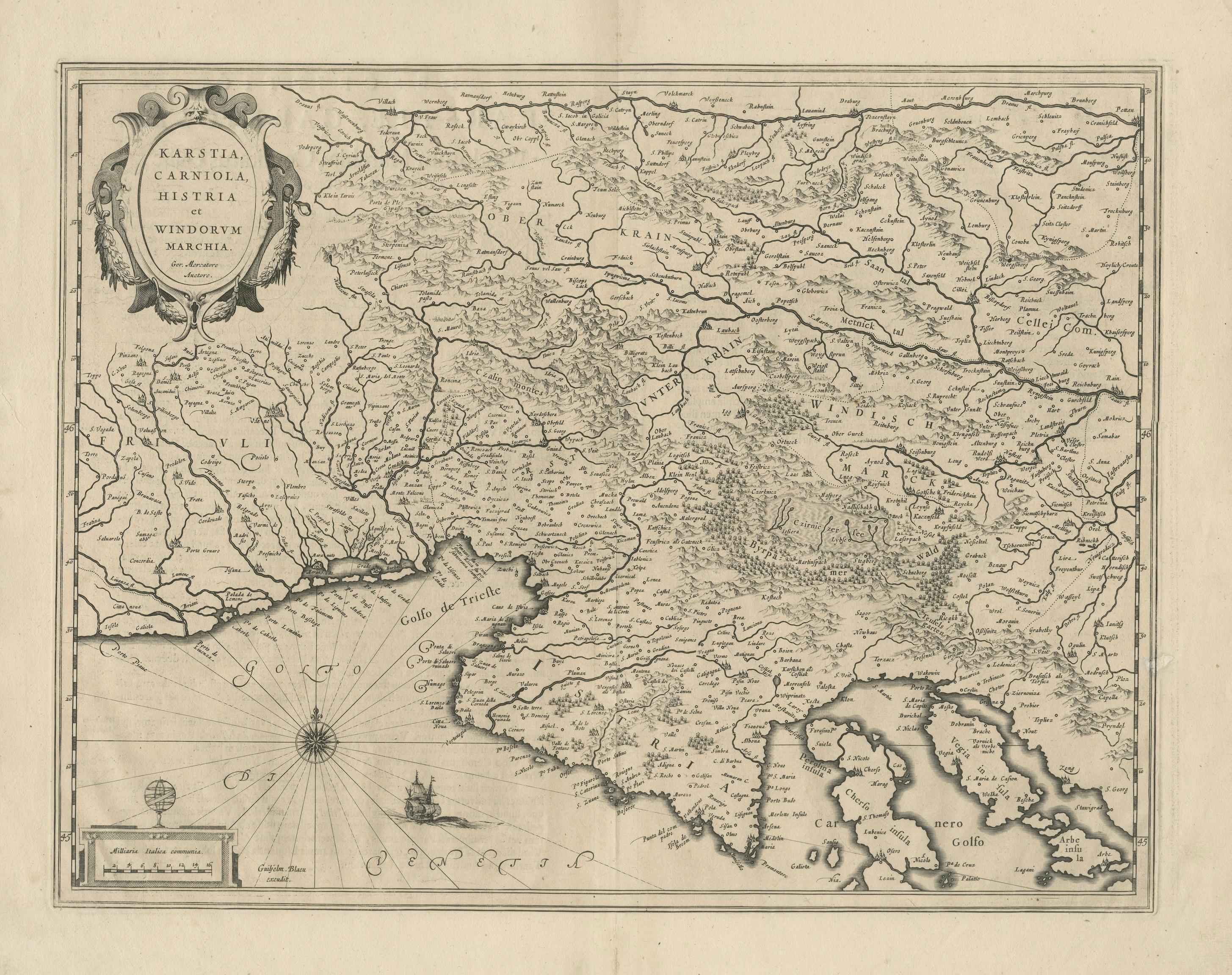 Dutch Original Antique Blaeu Map of Karst, Carniola, Istria, and Trieste, circa 1640 For Sale