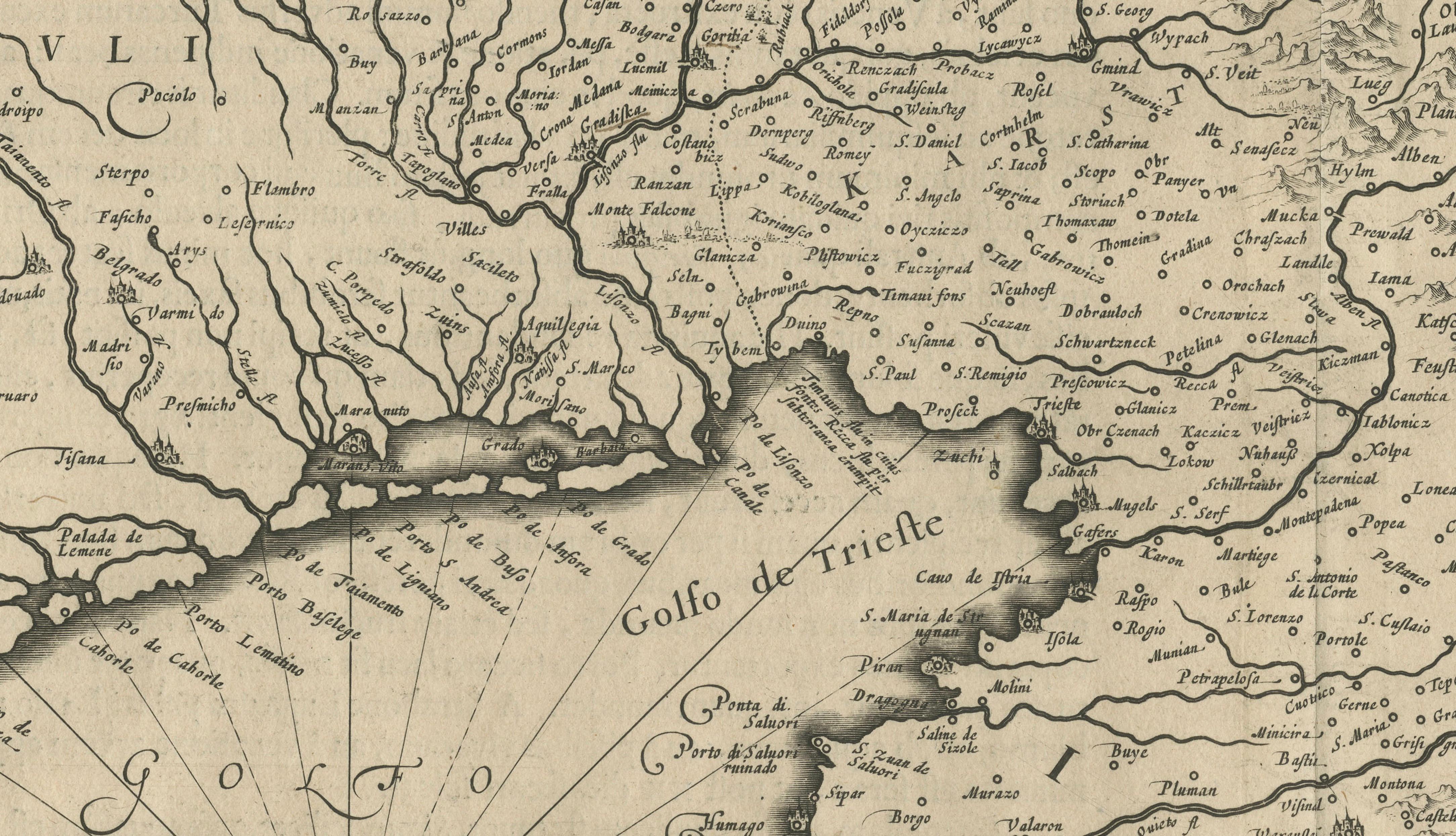 Original Antique Blaeu Map of Karst, Carniola, Istria, and Trieste, circa 1640 For Sale 1