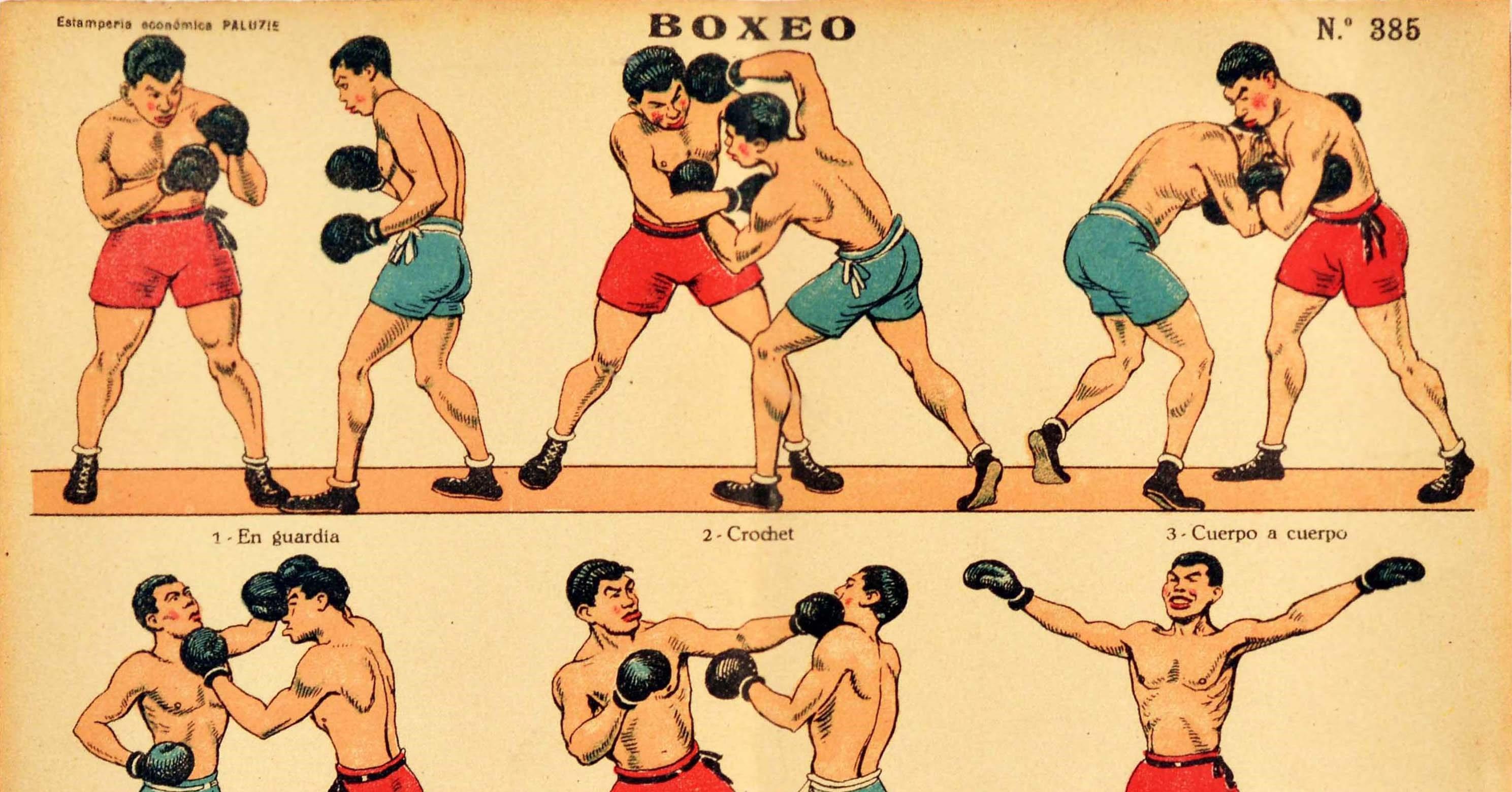 Original antique sports poster - Boxeo / Boxing - featuring images of two boxers fighting each other using various moves with description headings below showing the different stances and punches in a boxing match and in training including On guard