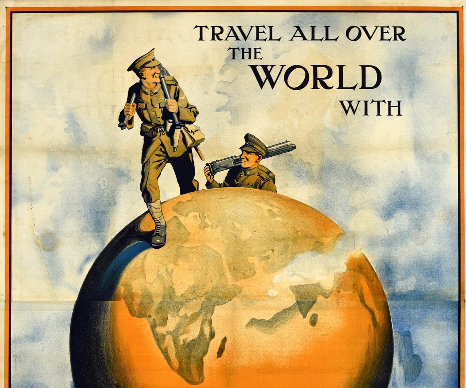 Original antique British army recruitment poster - Travel All Over The World With The Machine Gun Corps - featuring a great illustration of two smiling soldiers in uniform carrying machine gun parts over their shoulders as they walk over a globe of