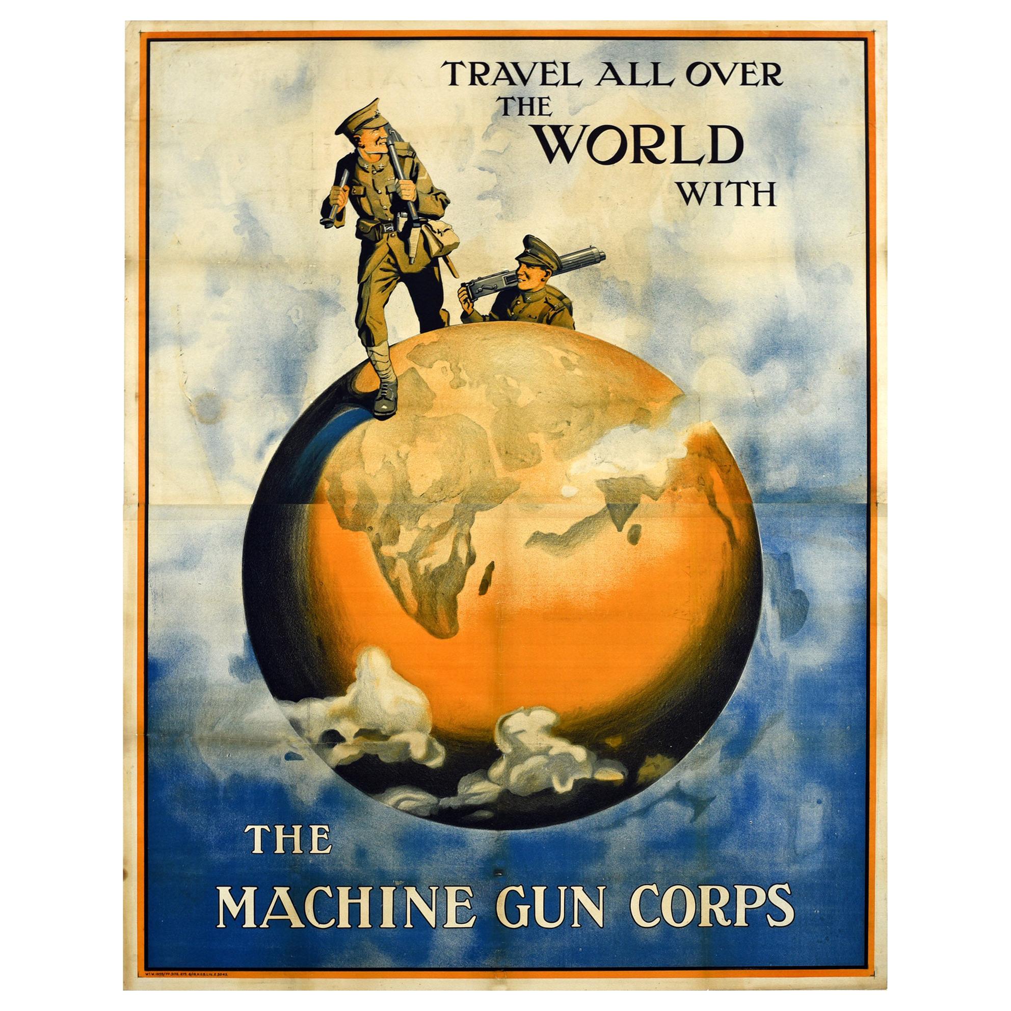 Original Antique British Army Machine Gun Corps Recruitment Poster Travel World