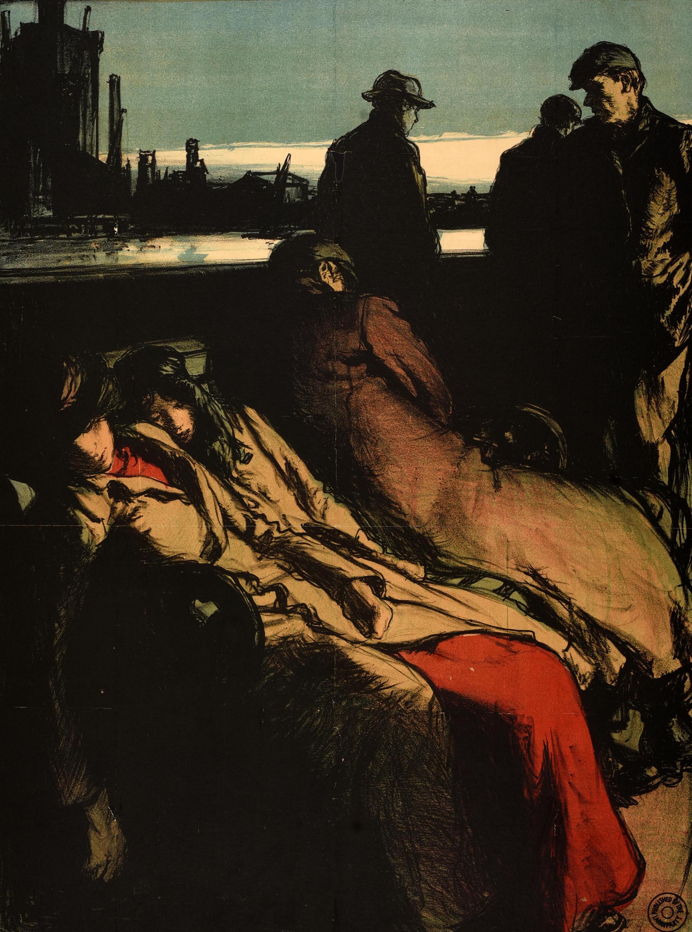Original antique British political election propaganda poster issued by the Labour Party - Workless - depicting unemployed people sleeping on a bench by the River Thames with others walking along the embankment in front of an industrial city skyline