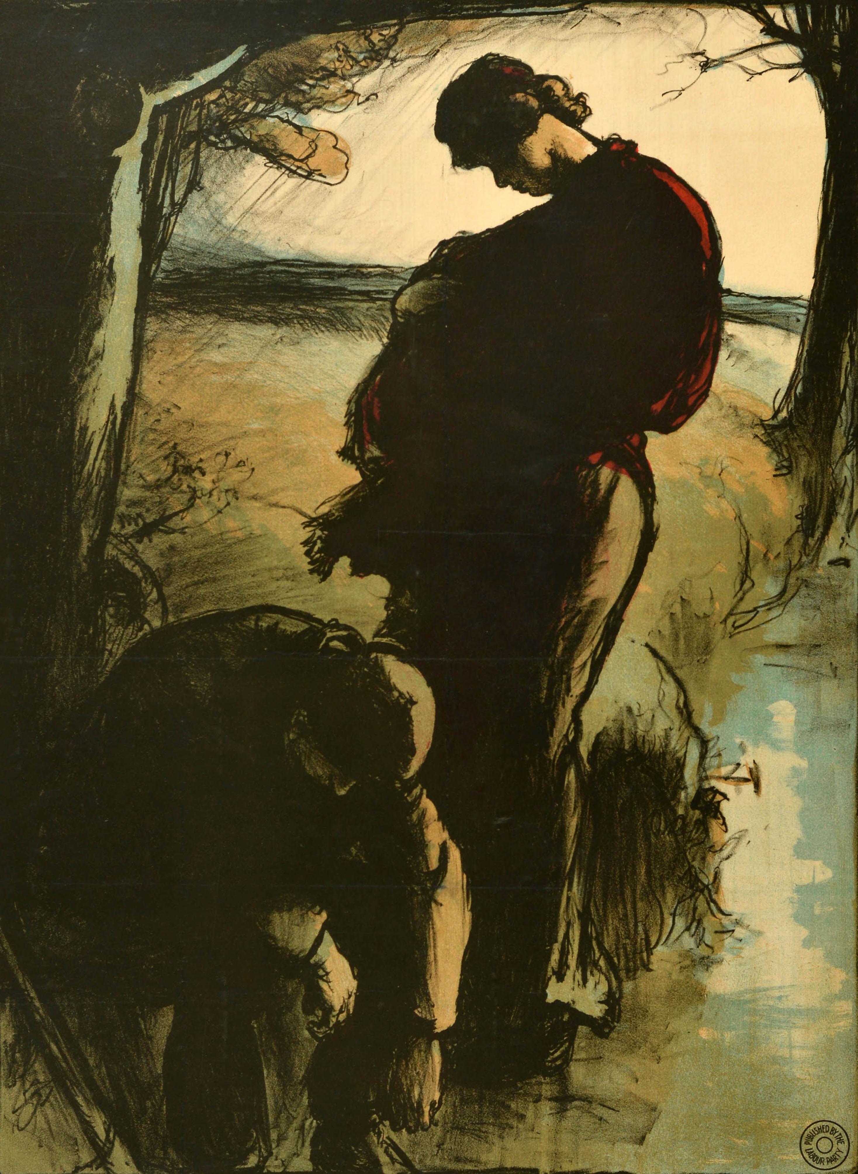 Original antique British political propaganda poster issued by the Labour Party for the 1910 General Election - Landless - depicting homeless farm workers by a river, the mother holding her baby and the man sitting slumped over in front of a tree,