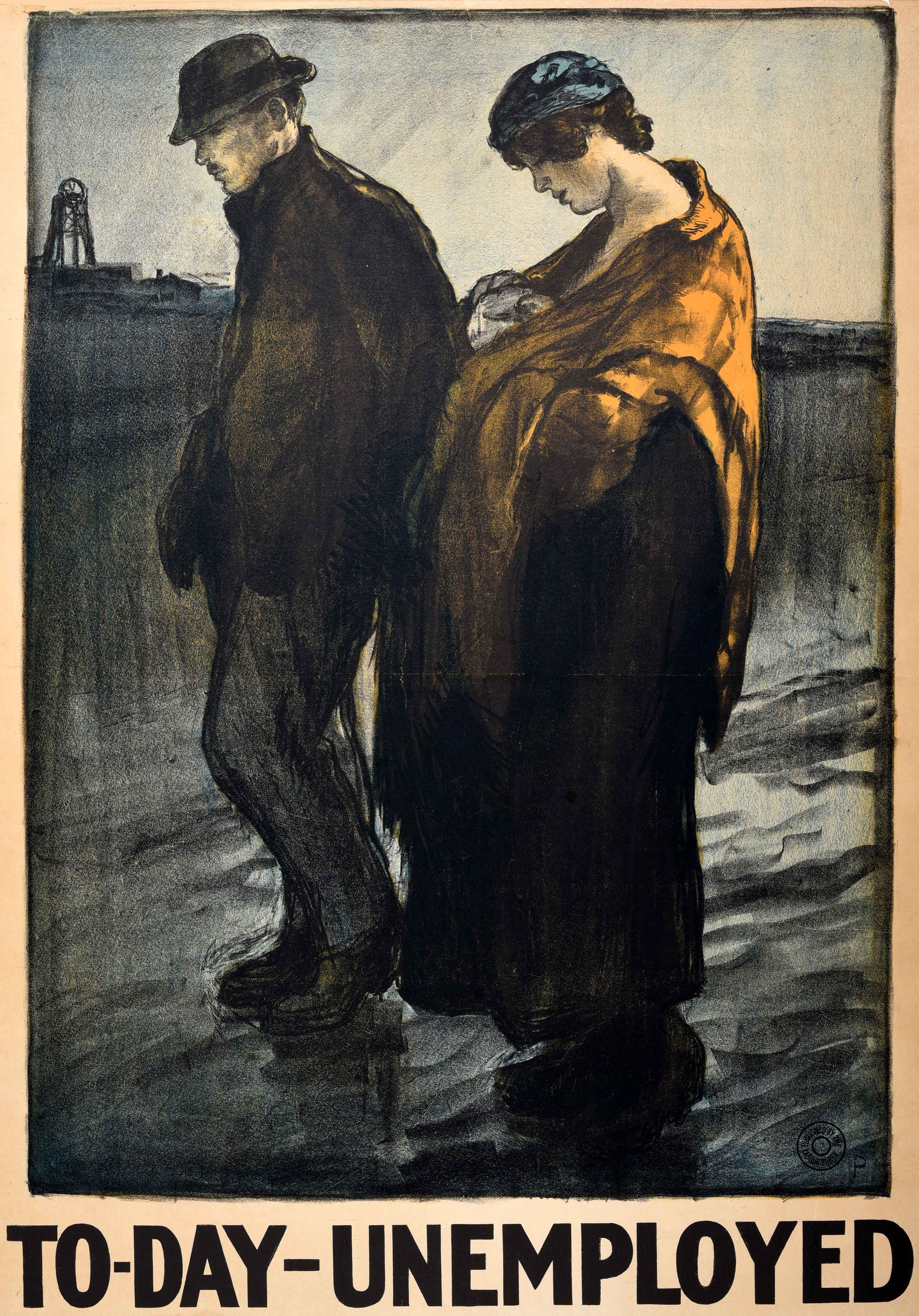 Antico manifesto di propaganda politica britannico emesso dal Partito Laburista per le elezioni generali - To-Day Unemployed - con un'opera d'arte di Spencer Pryse (Gerald Spencer Pryse; 1882-1957) che raffigura l'immagine di una famiglia che