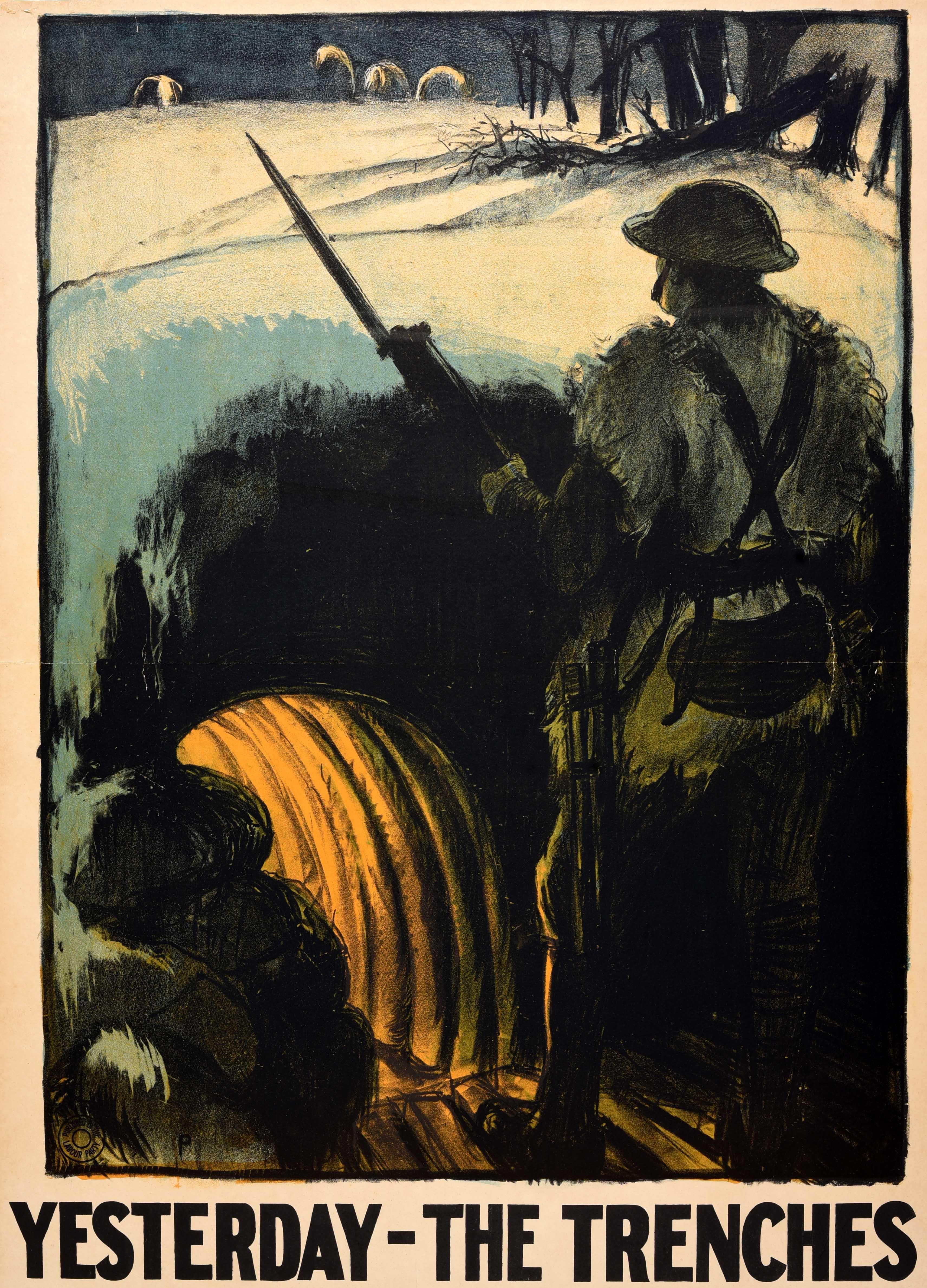 Antico manifesto di propaganda politica britannico emesso dal Partito Laburista per le elezioni generali - Yesterday The Trenches - con un'opera di Spencer Pryse (Gerald Spencer Pryse; 1882-1957) che raffigura un soldato della prima guerra mondiale