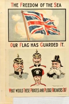 Original Antique British War Propaganda Poster The Freedom Of The Sea WWI