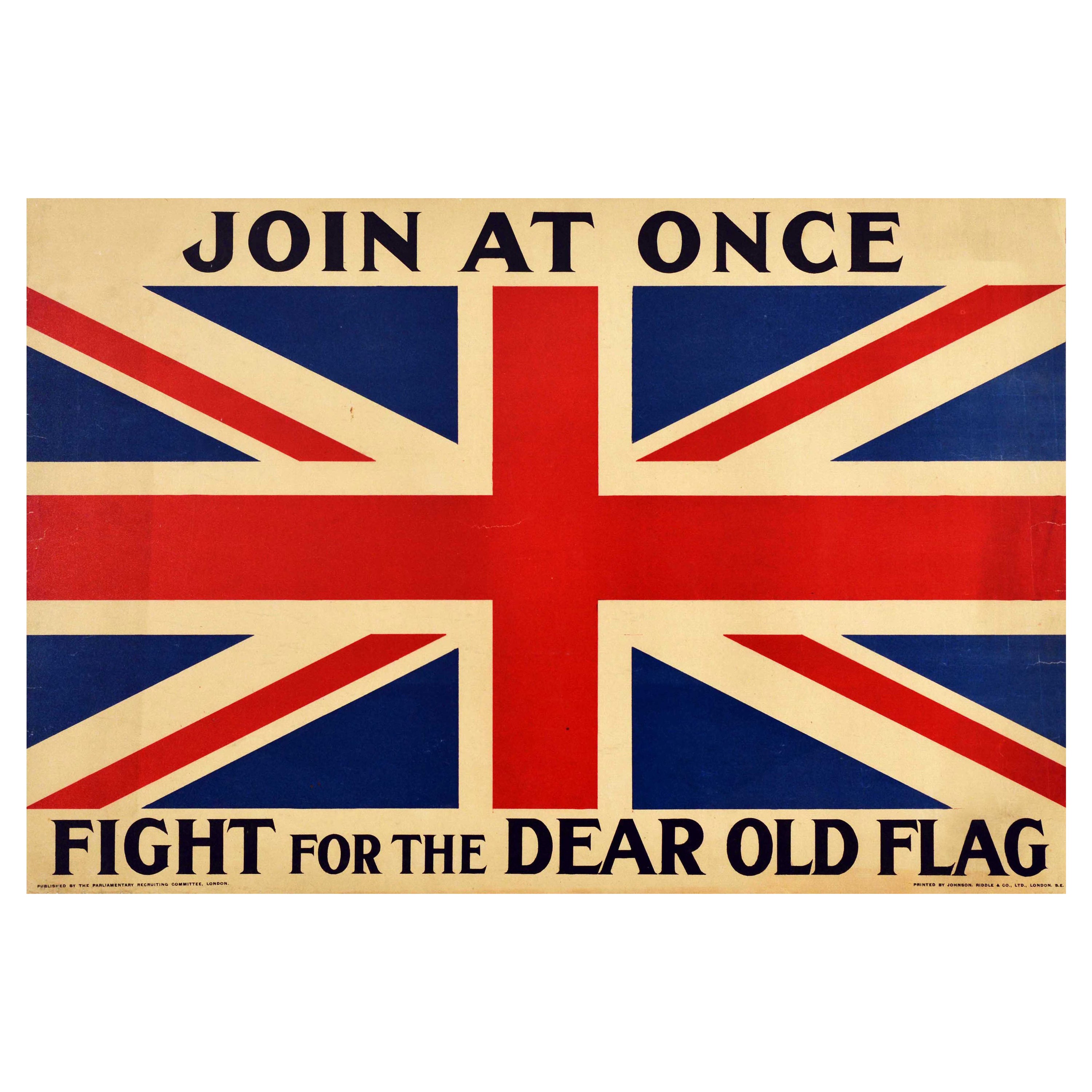Originales antikes britisches Rekrutierungsplakat aus dem Ersten Weltkrieg „ Join At Once Fight For Flag“