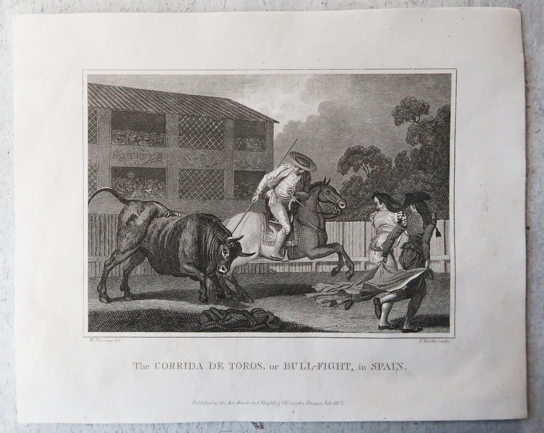 Folk Art Original Antique Bullfighting Print, Dated 1805 For Sale