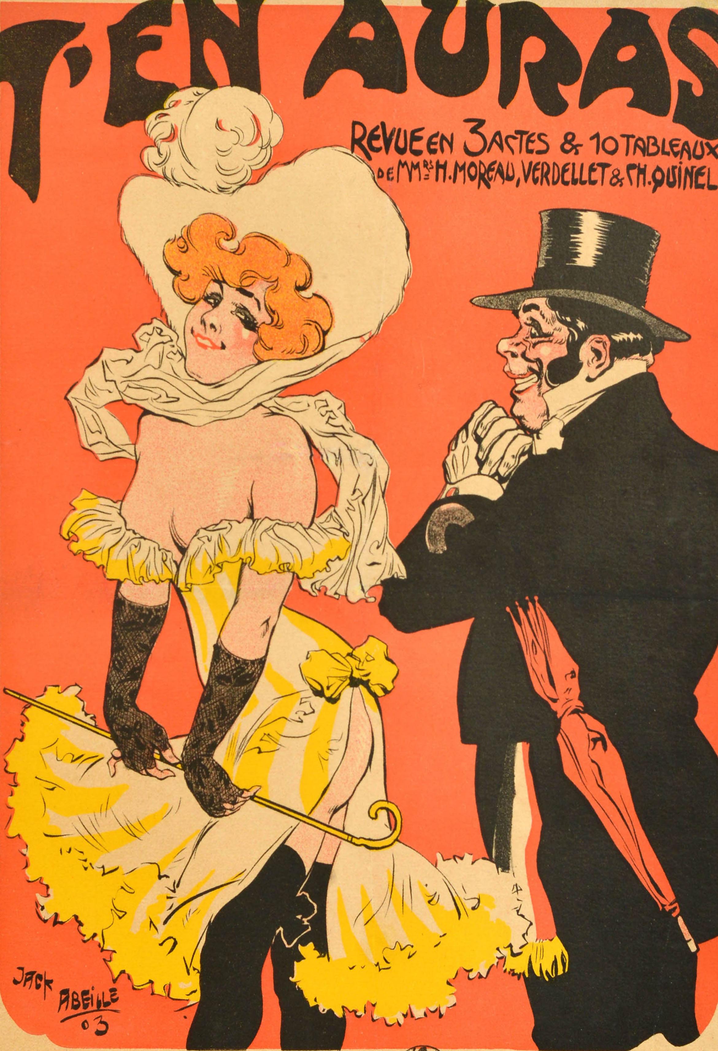 Cartel original antiguo de teatro cabaret anunciando una representación - T'en Auras Parisiana Revue en 3 actes & 10 tableaux de MMrs H. Moreau Verdellet & Ch, Quinel - T en Auras una revista en tres actos y diez cuadros de los Sres. H Moreau,