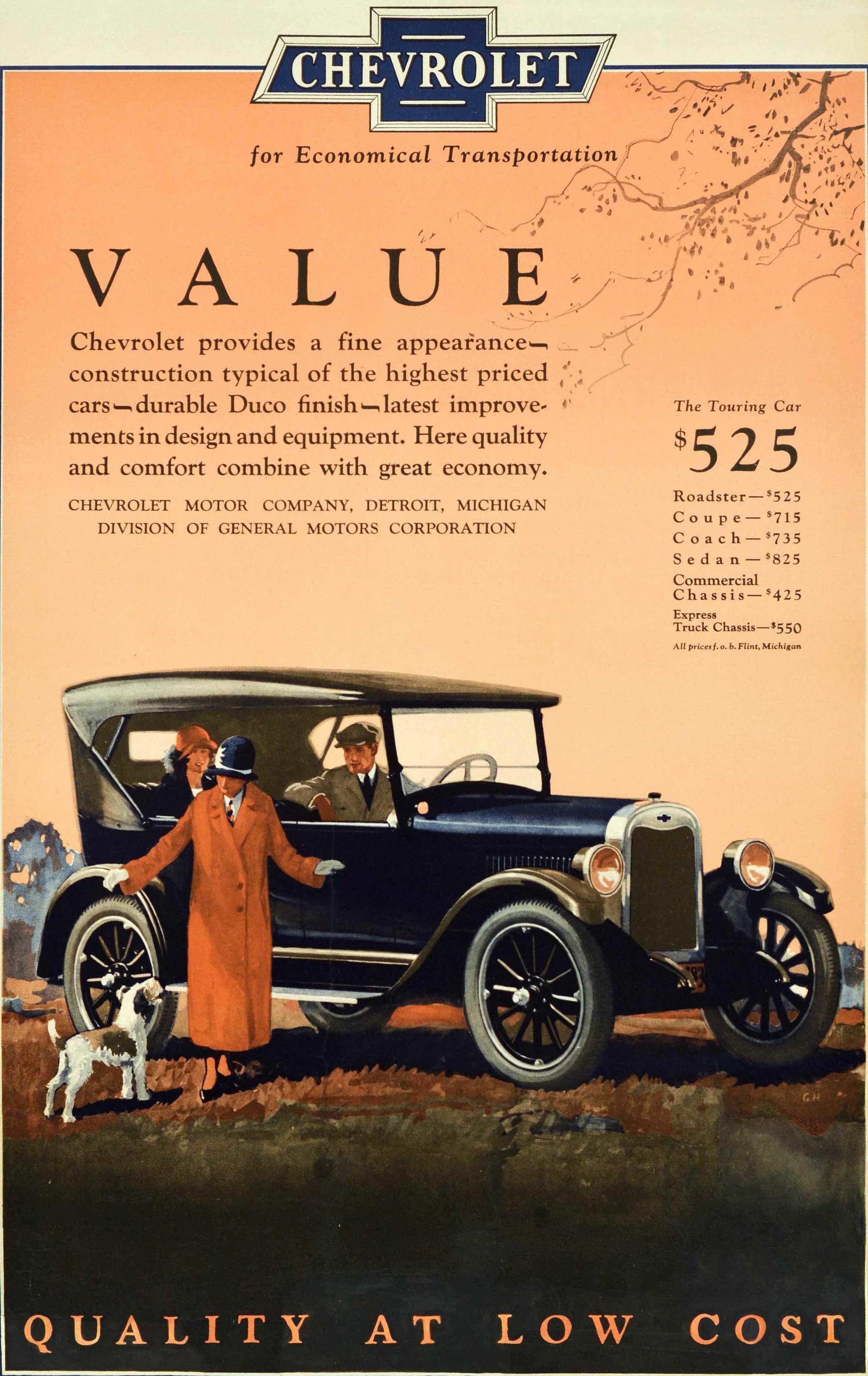 Original antique car advertising poster for Chevrolet value automobiles featuring a driver and lady inside a Chevrolet classic car with another lady and dog standing next to it in the countryside setting with the text and costs reading: Chevrolet