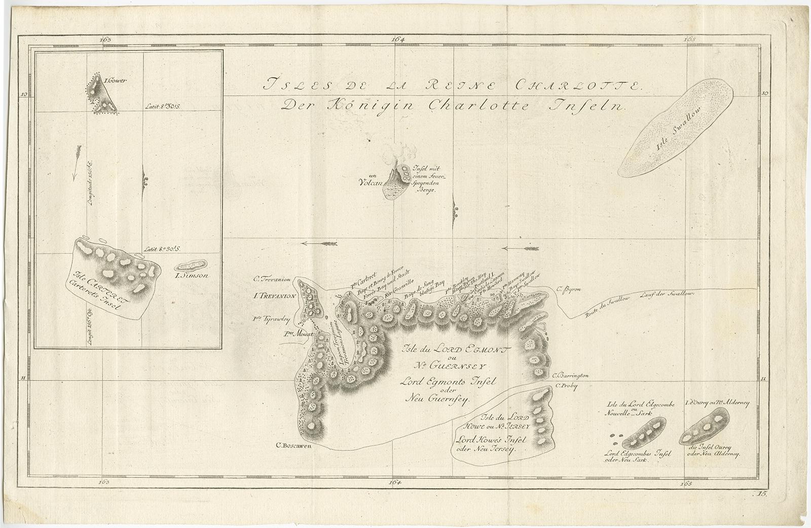 Gravure ancienne intitulée 'Isles de la Reine Charlotte (..)'. 

Une carte détaillée des îles Santa Cruz, au nord des Nouvelles-Hébrides, avec la trace de Carteret dans 