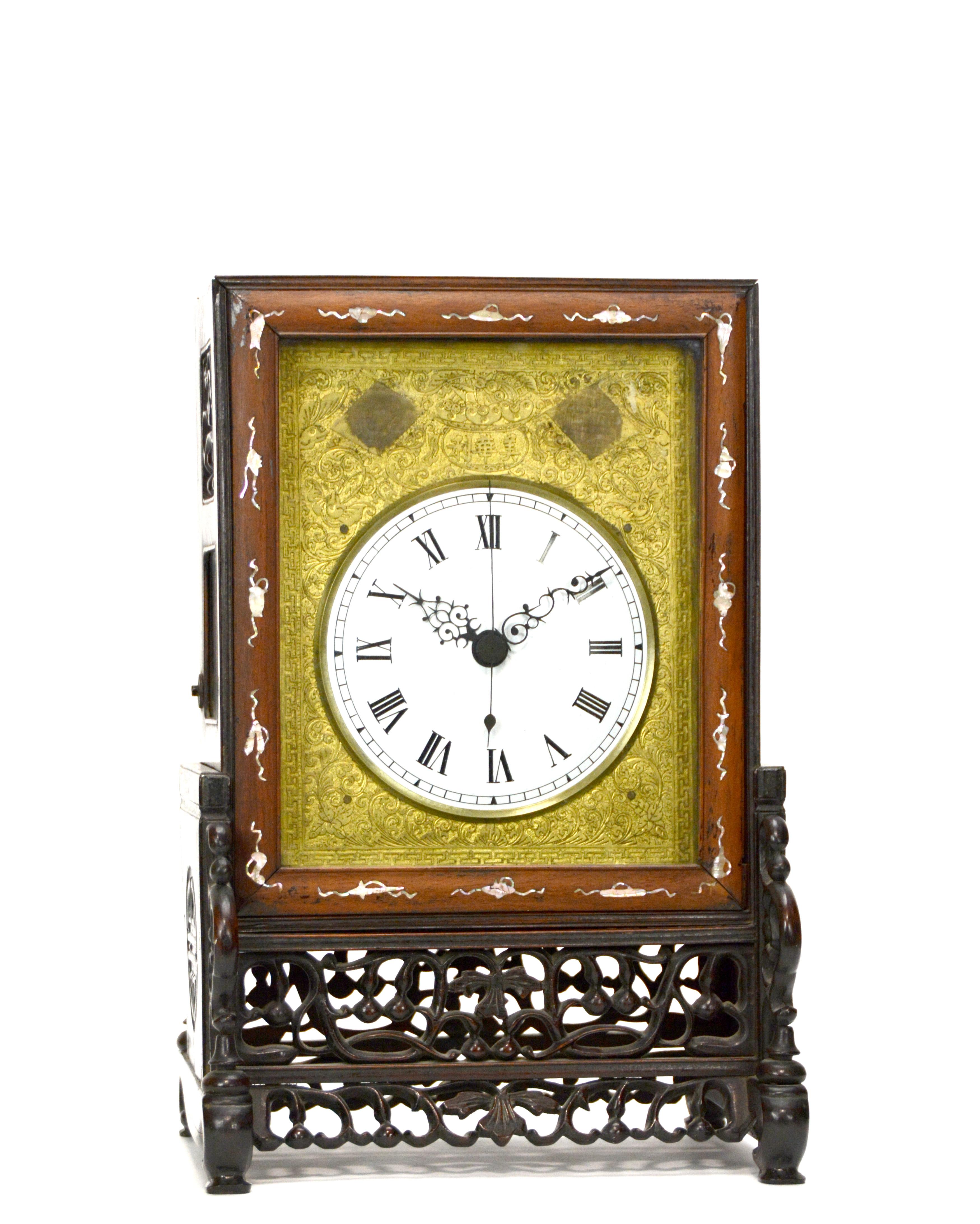 Antique Chinese Fusee 8 day quarter strike rosewood mother of pear bracket clock.

MOVEMENT: 8 day fusee chain driven wind up mechanism

FUNCTION: time with quarter striking

SIZE: 17-3/4
