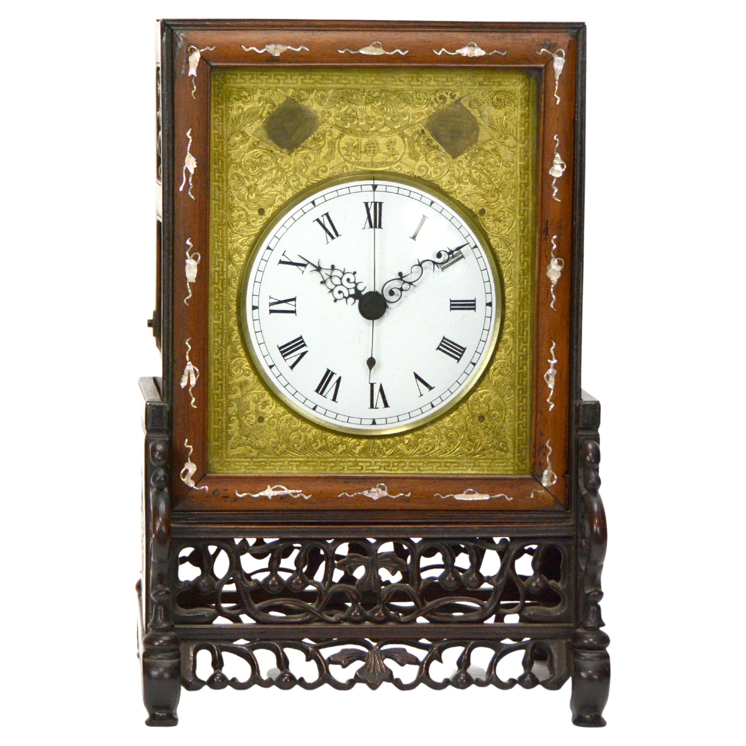 Original Antique Chinese 8 Day Fusee Mother Pear Inlaid Rosewood Bracket Clock
