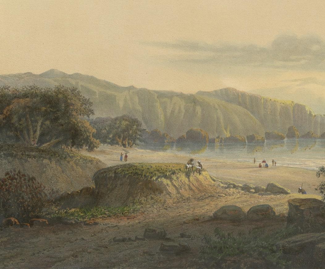 Original Antique Chromolithograh of Srigonjo Bay, the South Coast of Java, 1872 In Good Condition For Sale In Langweer, NL