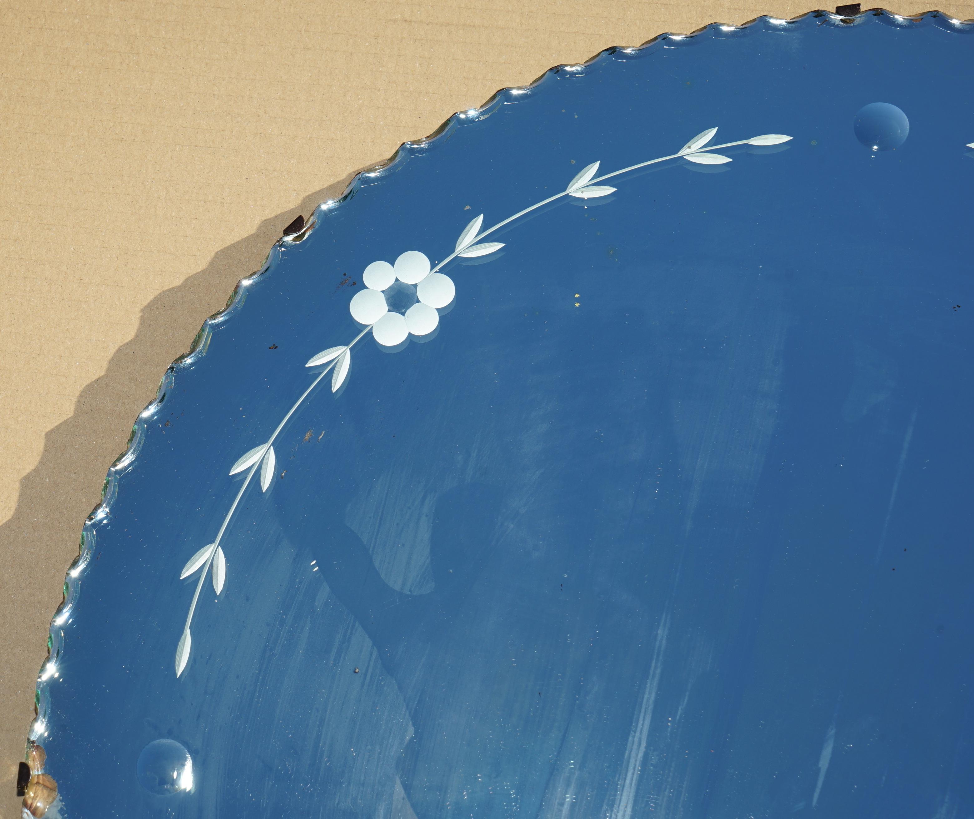 ORIGiNAL ANTIQUE CIRCA 1920 ART DECO VENETIAN ETCHED GLASS FRAME ROUND MIRROR In Good Condition In West Sussex, Pulborough