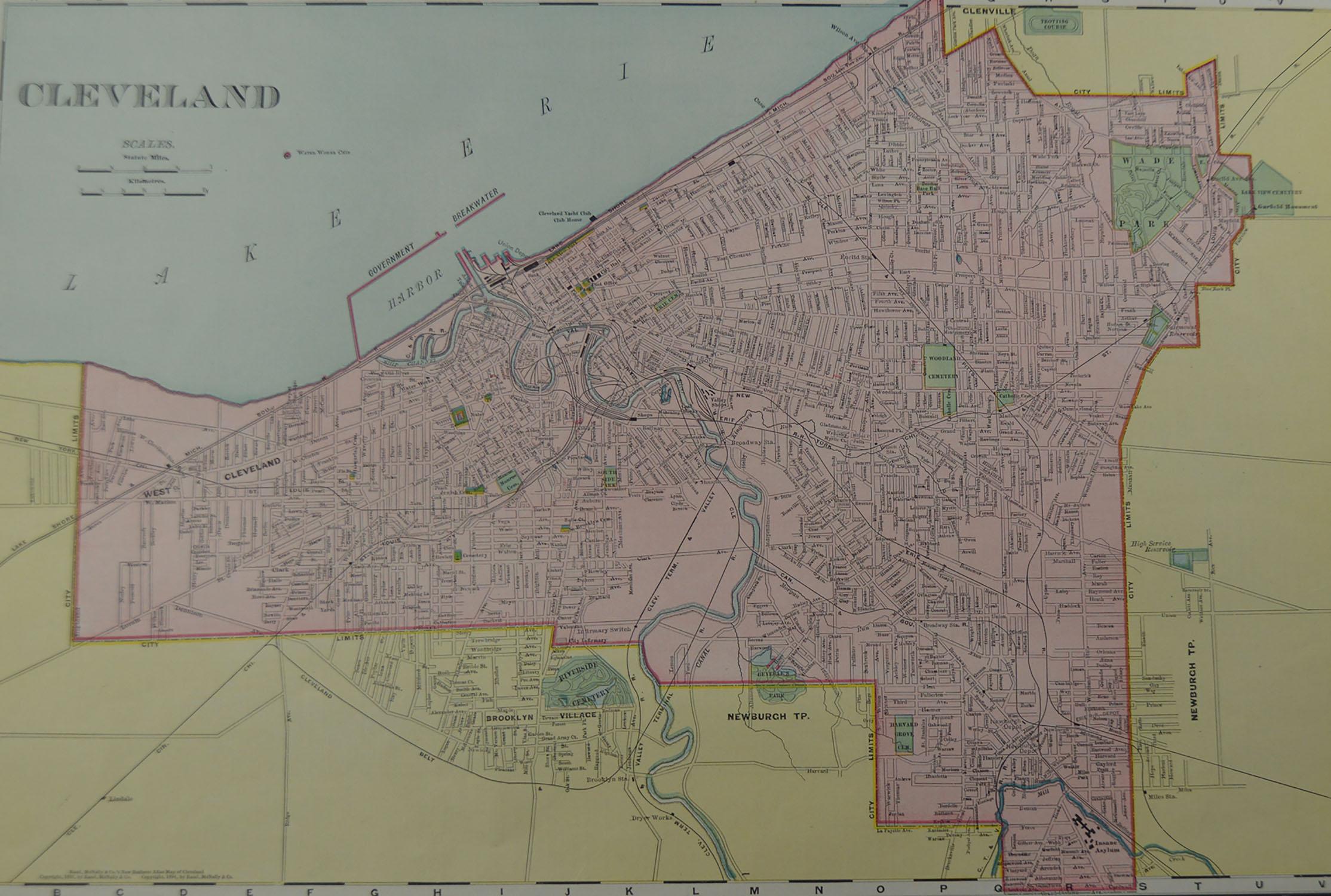 American Original Antique City Plan of Cleveland, Ohio USA, circa 1900
