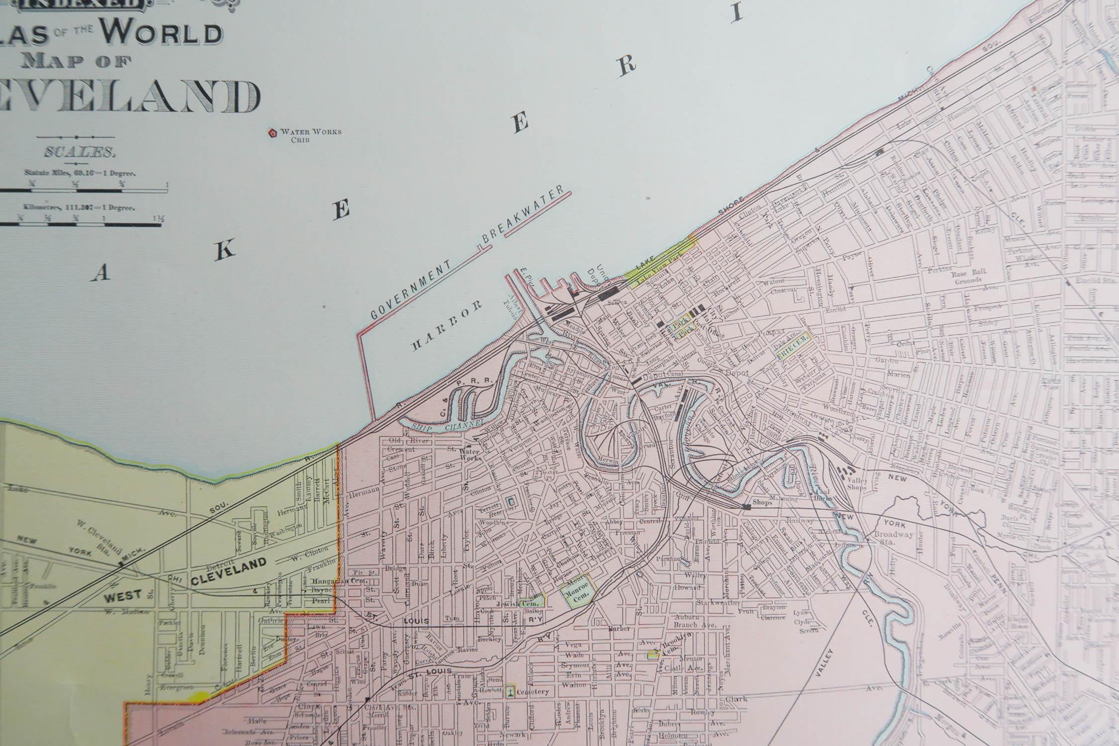 American Original Antique City Plan of Cleveland, Ohio, USA, circa 1900 For Sale