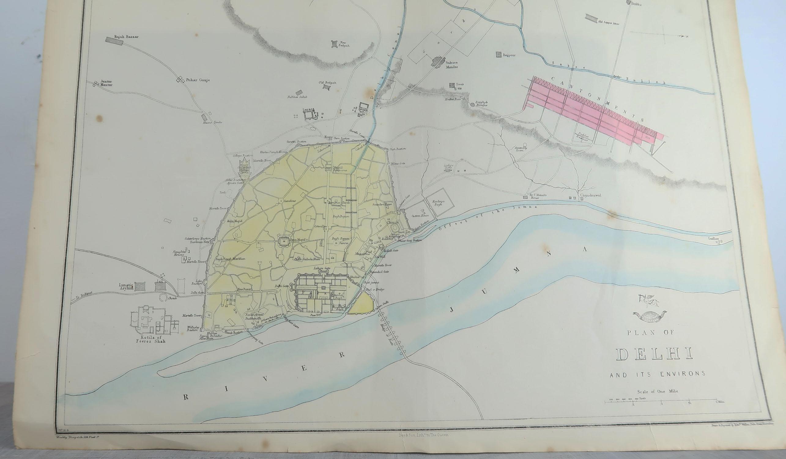 Victorian Original Antique City Plan of Delhi, India, 1861