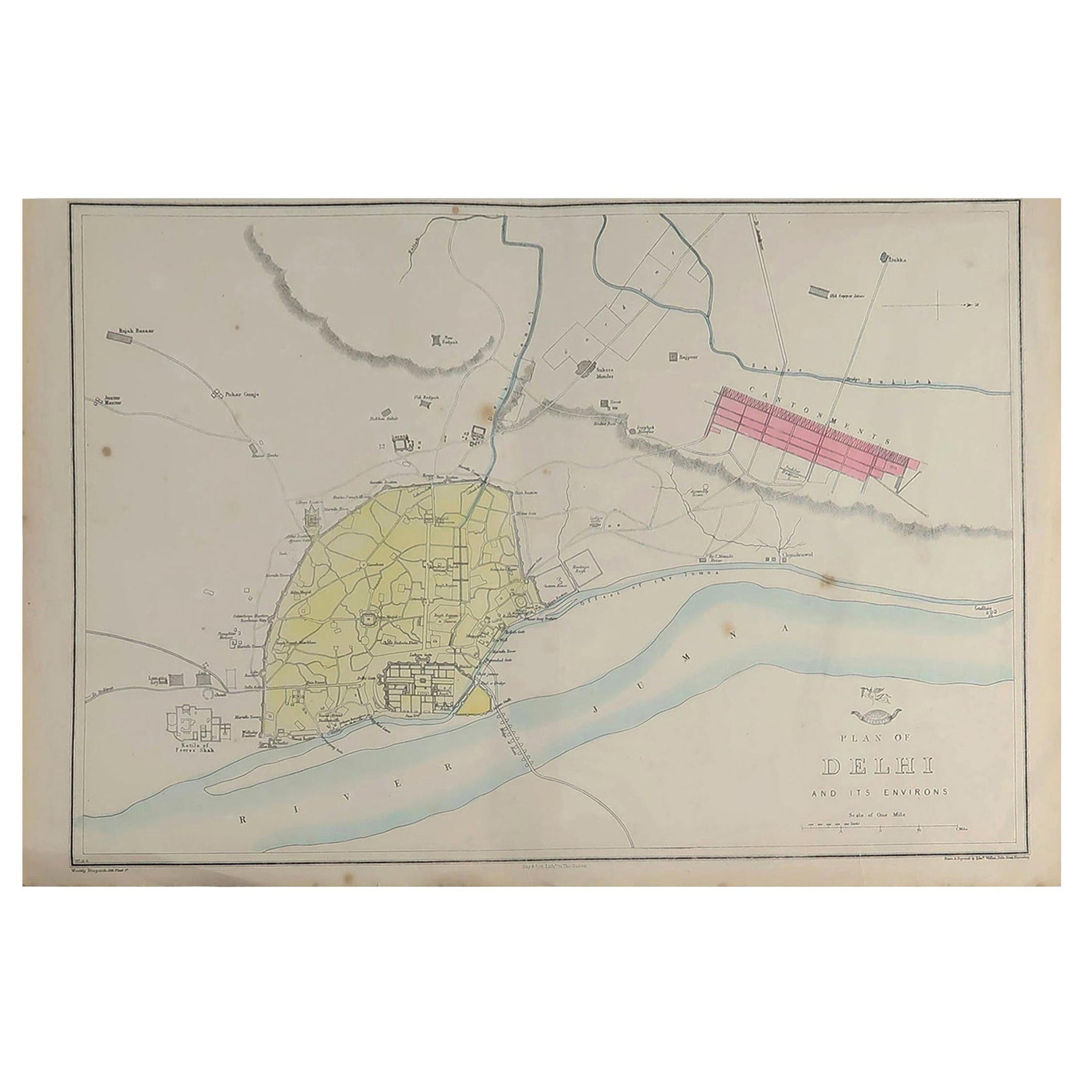 Original Antique City Plan of Delhi, India, 1861