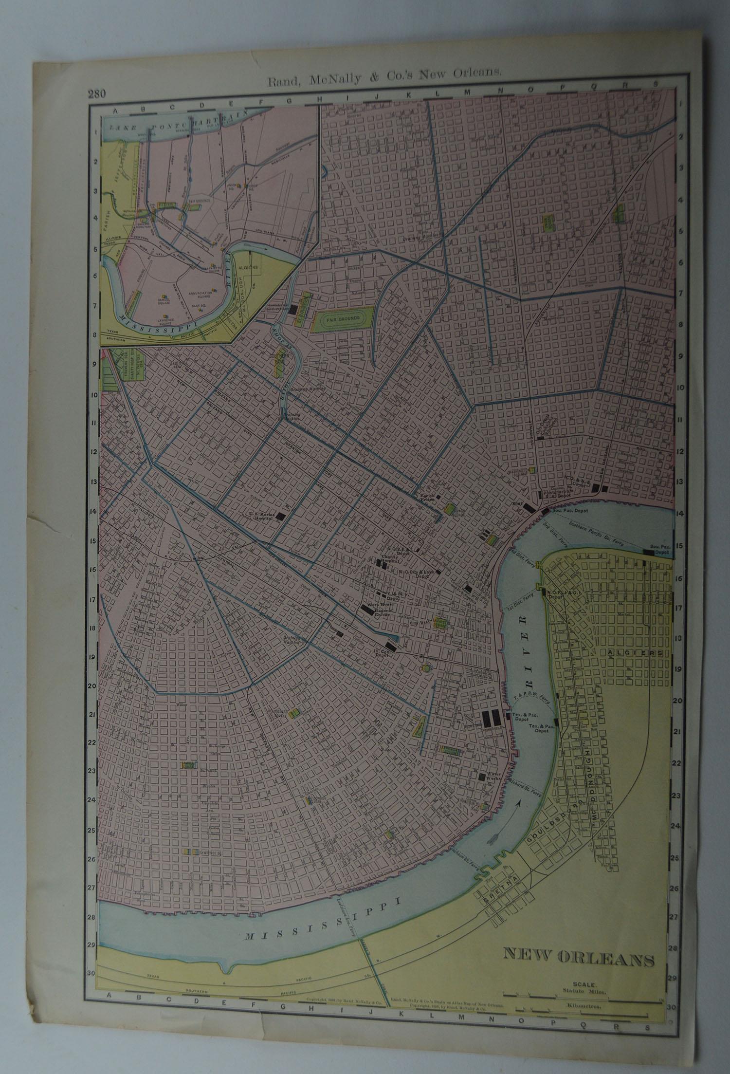 American Original Antique City Plan of New Orleans, USA, circa 1900