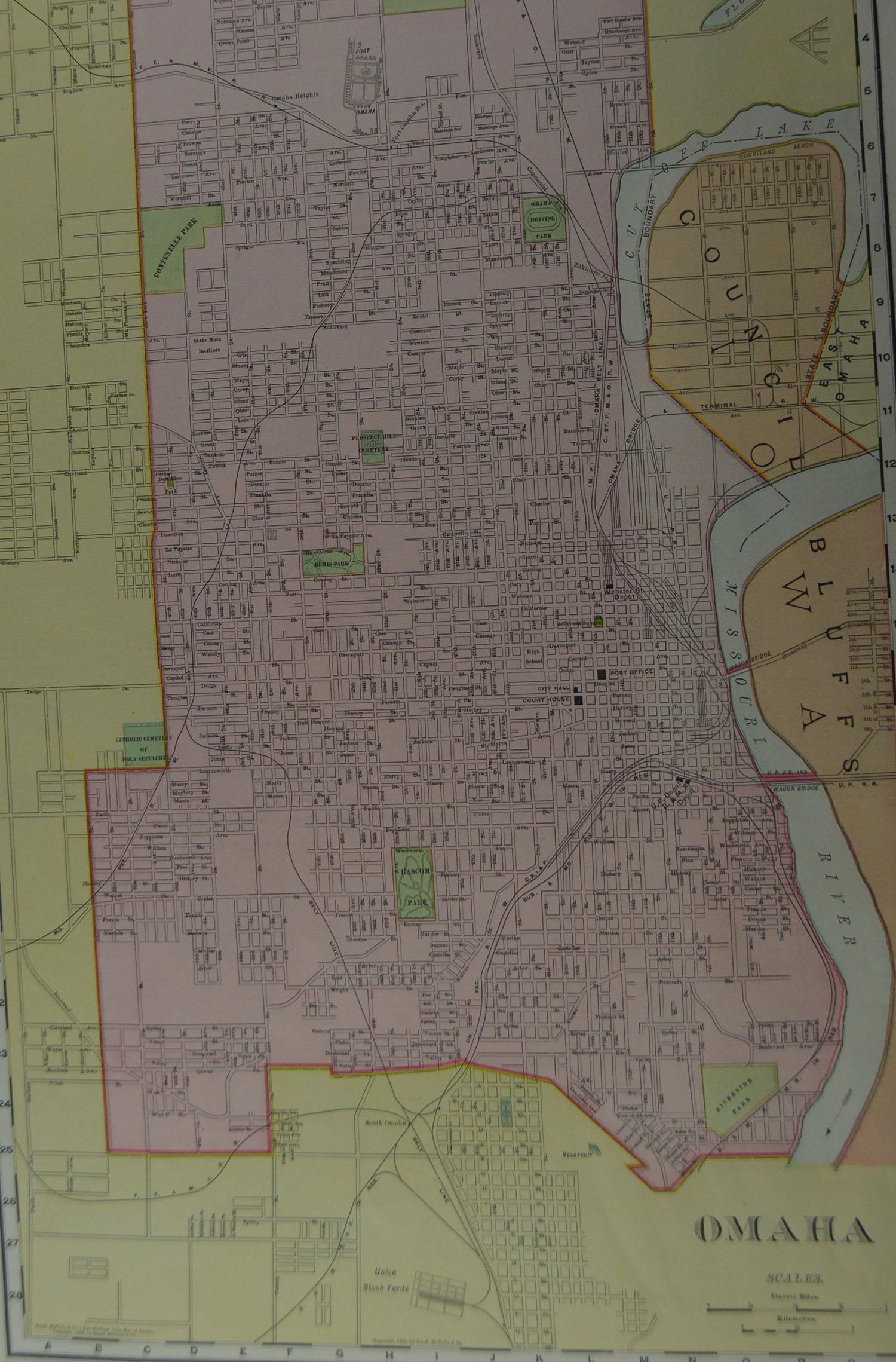 American Original Antique City Plan of Omaha, Nebraska, USA, circa 1900
