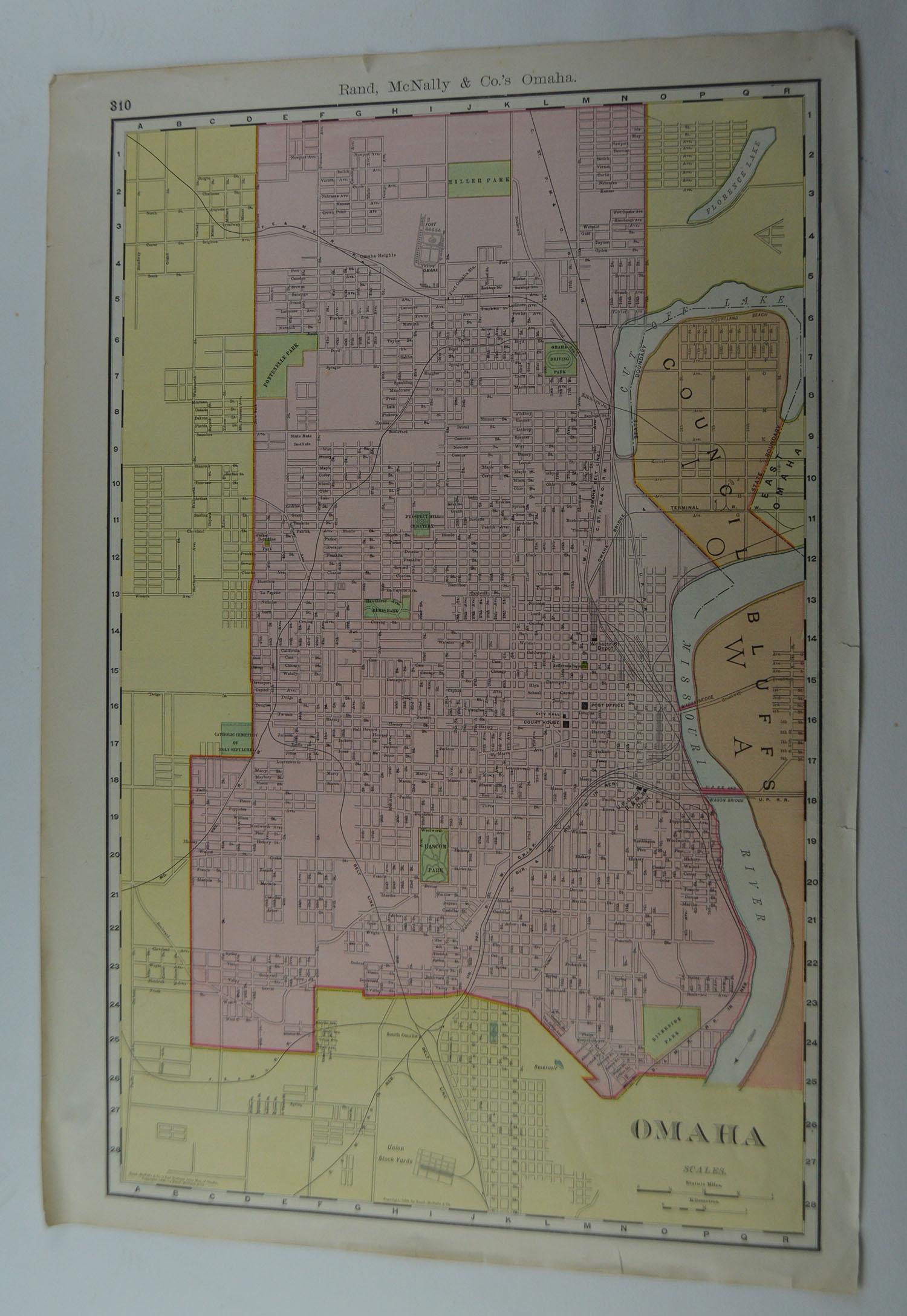 Other Original Antique City Plan of Omaha, Nebraska, USA, circa 1900