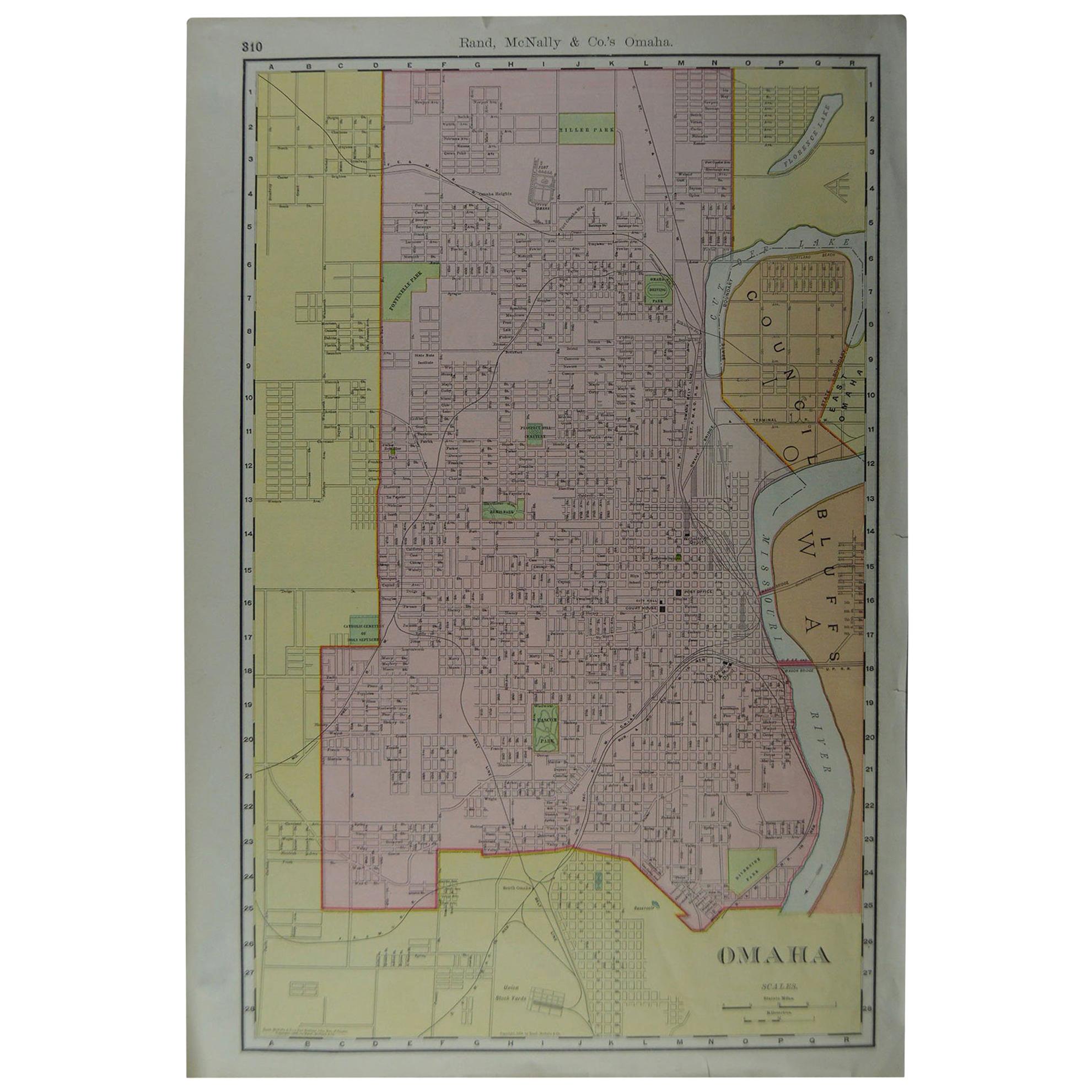 Original Antique City Plan of Omaha, Nebraska, USA, circa 1900