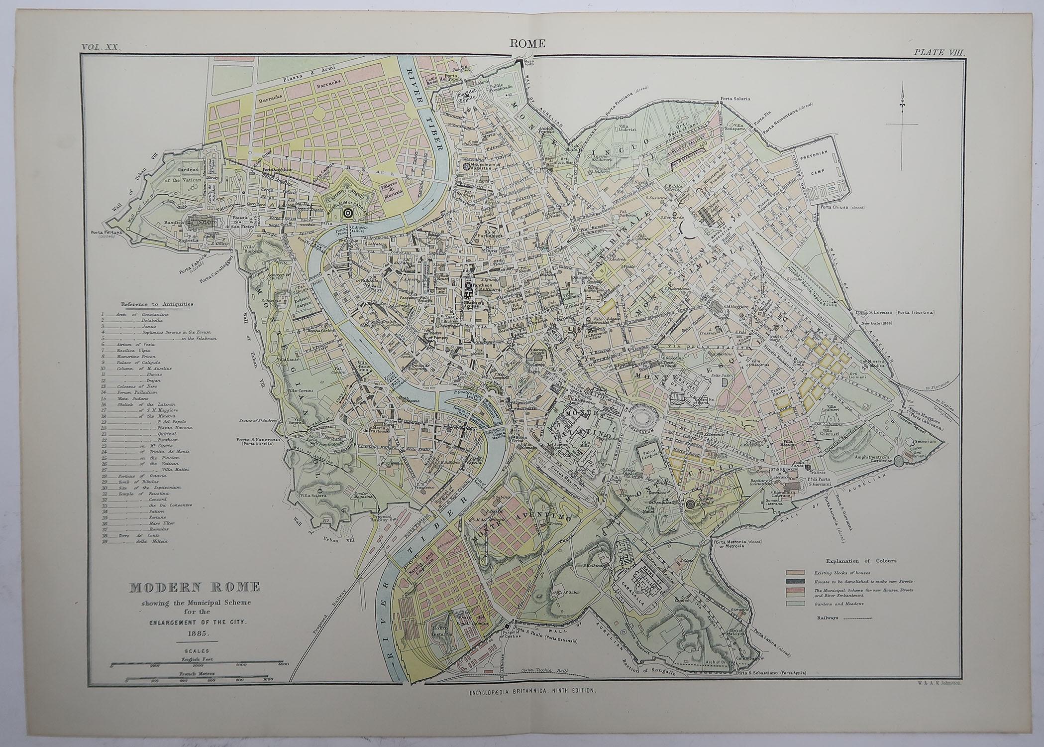 Victorian Original Antique City Plan of Rome, Italy, 1889