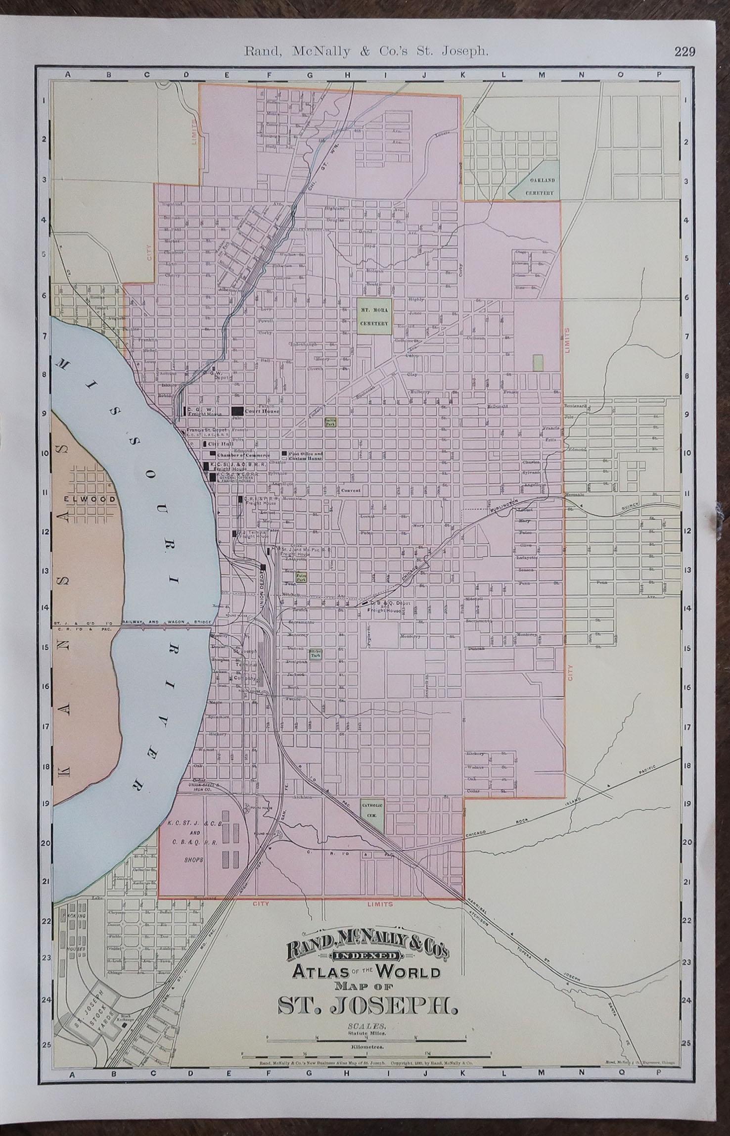 Original antiker Stadtplan von St. Joseph, Missouri, USA, 1894 (amerikanisch) im Angebot