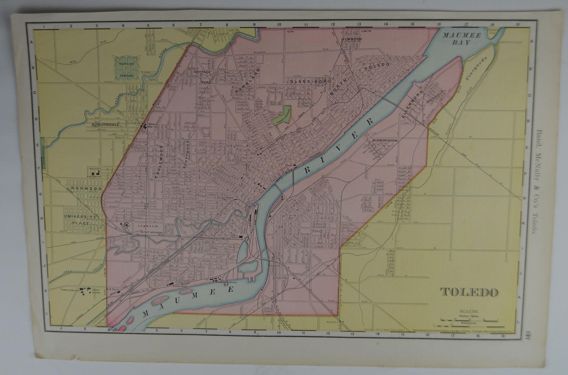 American Original Antique City Plan of Toledo, Ohio USA, circa 1900