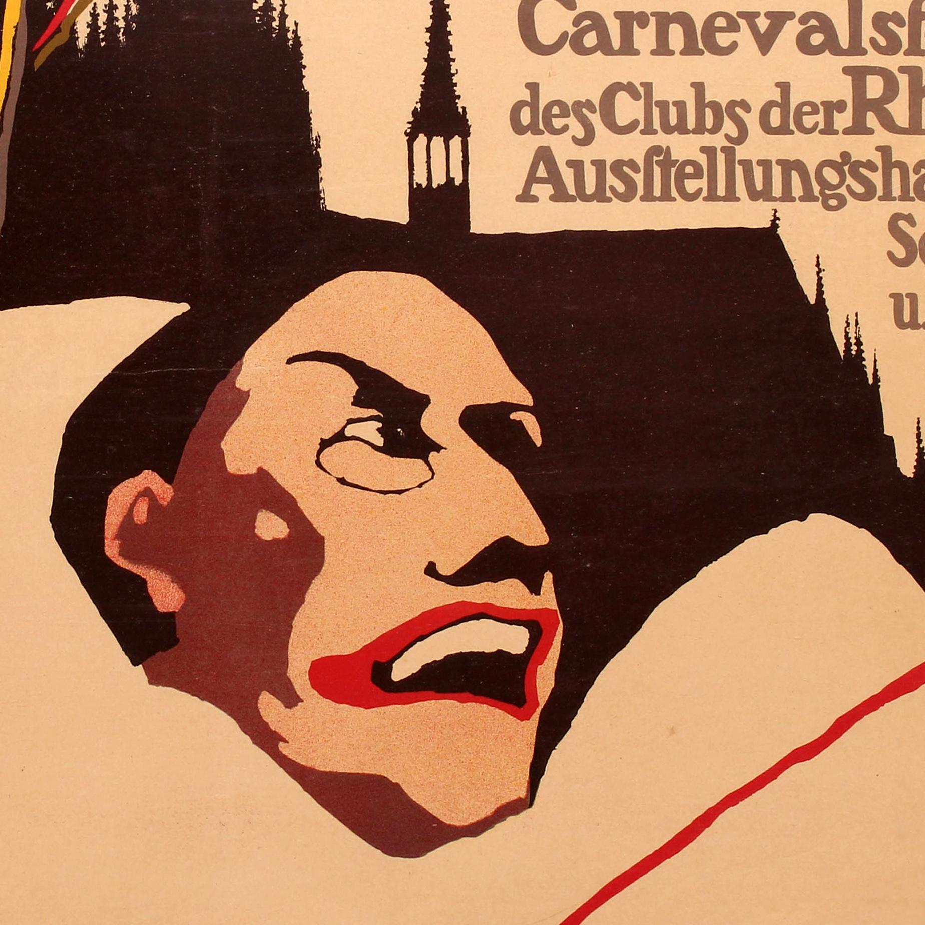 Original antique advertising poster promoting the Carnevalsfeste des Clubs der Rheinlander Koln - the annual Cologne carnival festival in February over the Faschingsdienstag (Shrove Tuesday) week featuring a great design of a man dressed as a