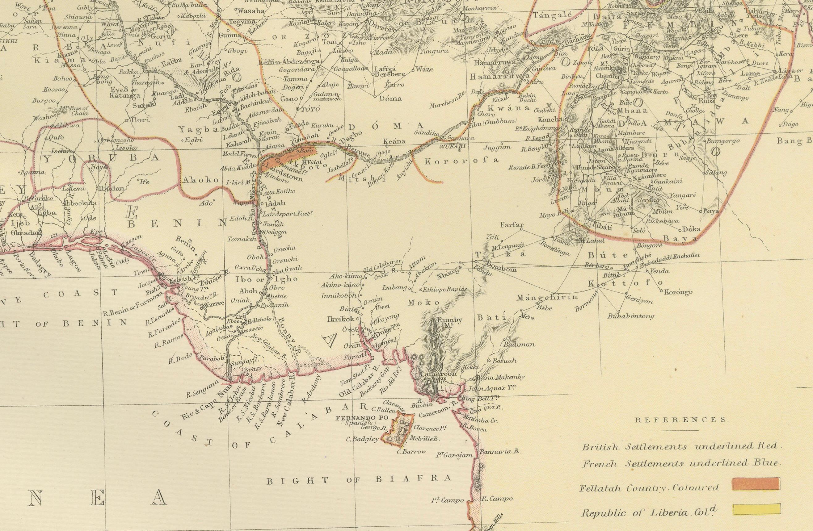 This is a map of Western Africa from the 1882 Blackie & Son atlas. The map details the West African coast from the Sahara Desert in the north down to the Gulf of Guinea, including a large section of inland territory.

What makes this map
