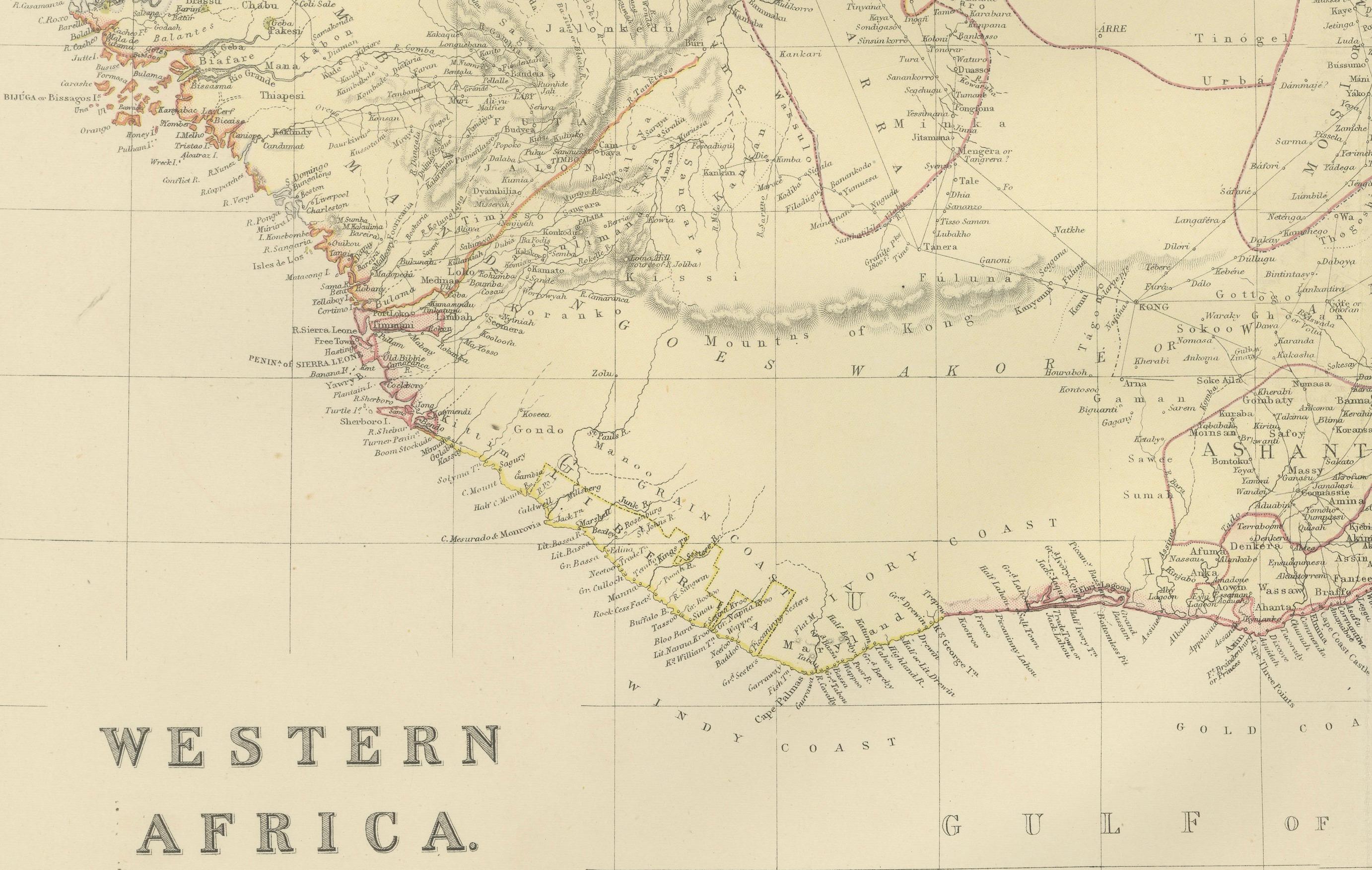 Late 19th Century Original Antique Coloured Map of Western Africa, Published in 1882 For Sale